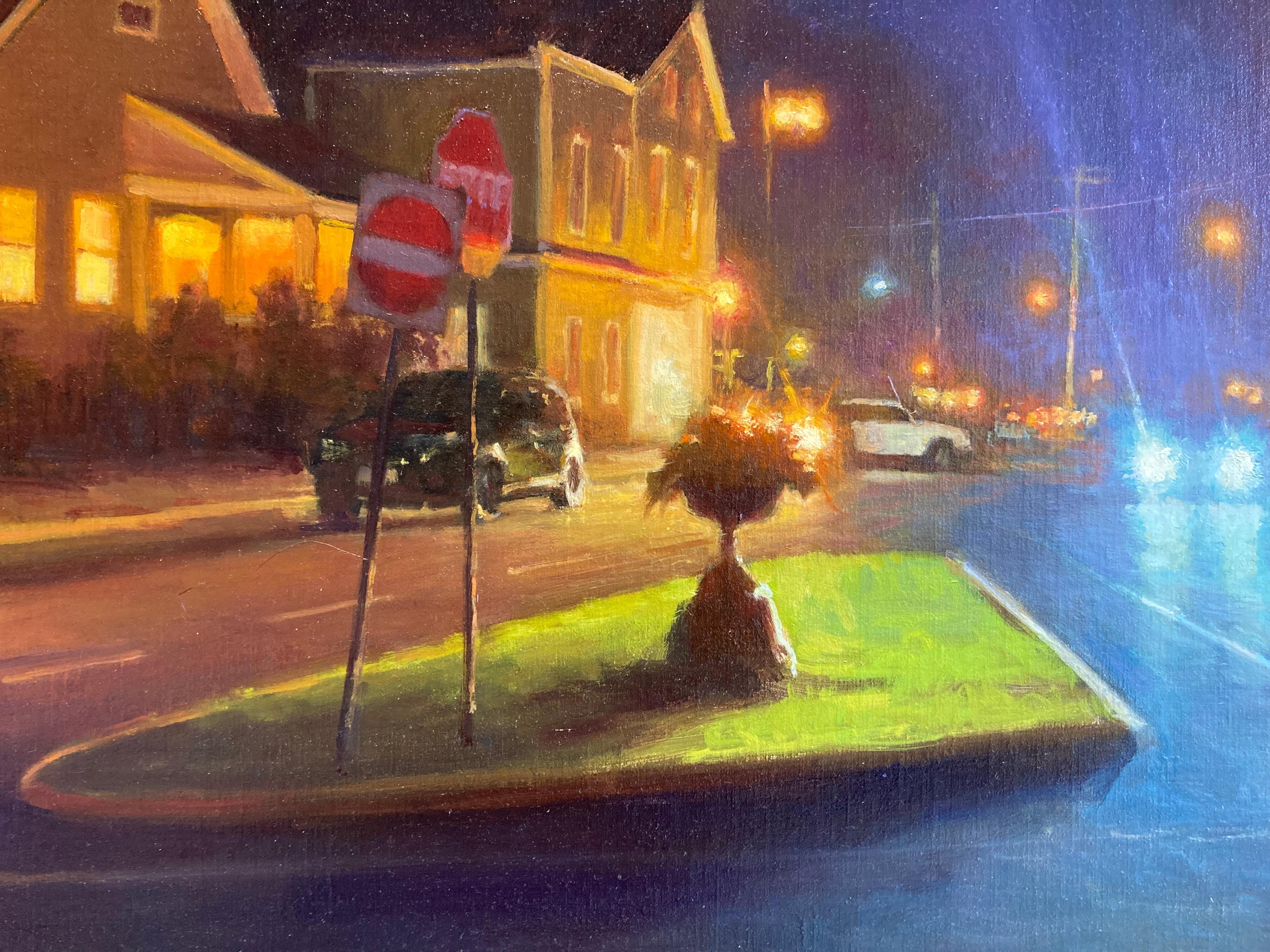 Division Street at Night - 2023, American realist nocturne by Carl Bretzke For Sale 6