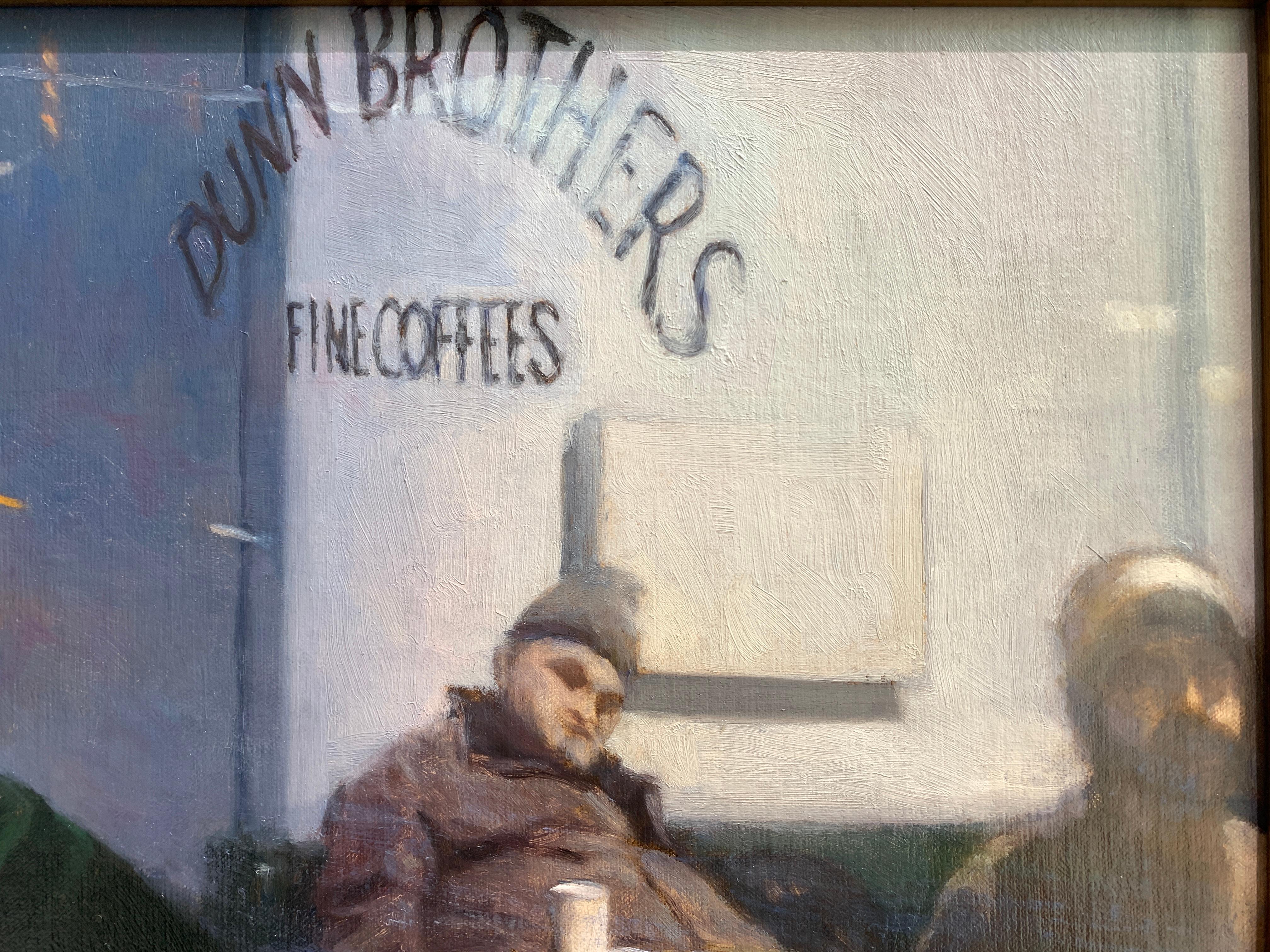 An oil painting featuring 3 figures, at Dunn Brothers Coffee Shop, in St. Paul, Minnesota. Two men sit at their own tables, on the other side of the glass of the storefront window; sitting pensively, wearing knit winter hats. The center figure leans