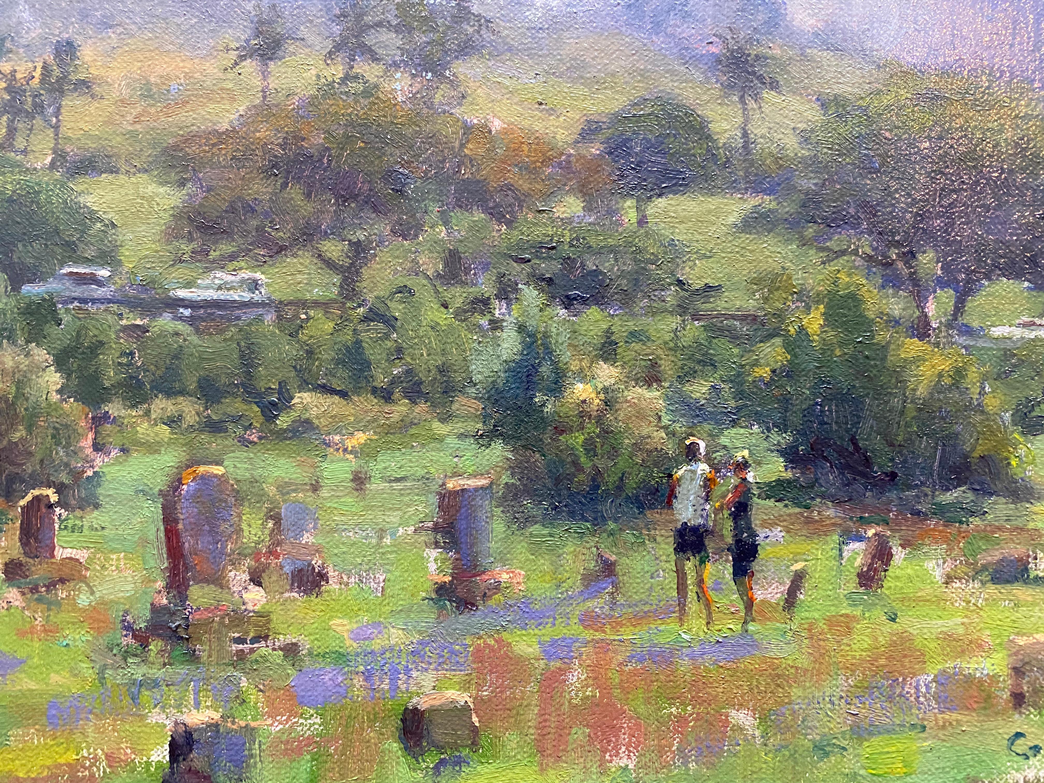 Dipinto a olio di un paesaggio di Maui. Dipinto en plein air in un cimitero, Bretzke intitola quest'opera con umorismo 