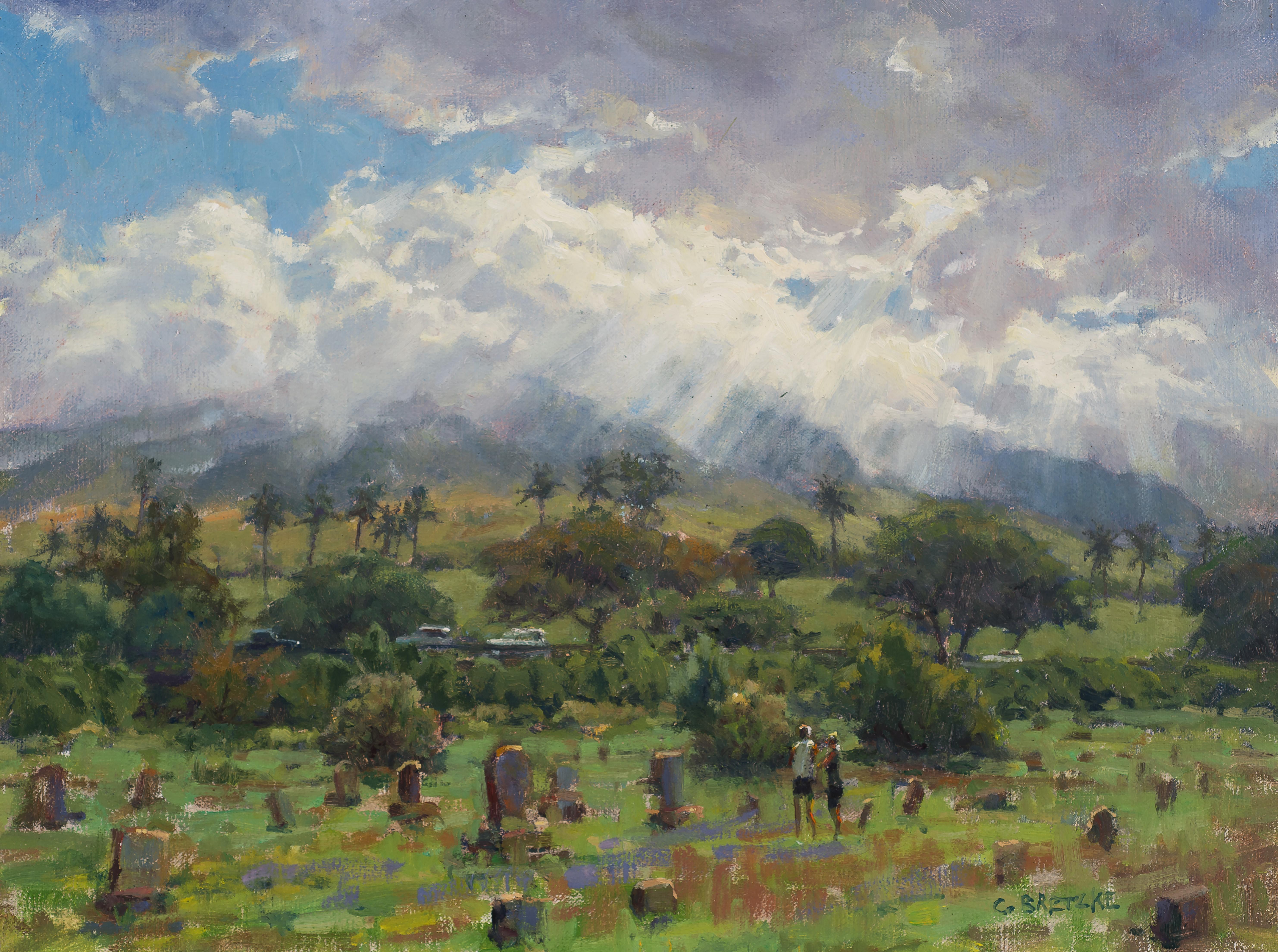 Landscape Painting di Carl Bretzke - "Morire per restare a Maui", pittura ad olio, paesaggio hawaiano, sole su un cimitero