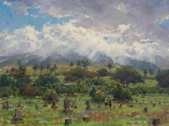"Morire per restare a Maui", pittura ad olio, paesaggio hawaiano, sole su un cimitero