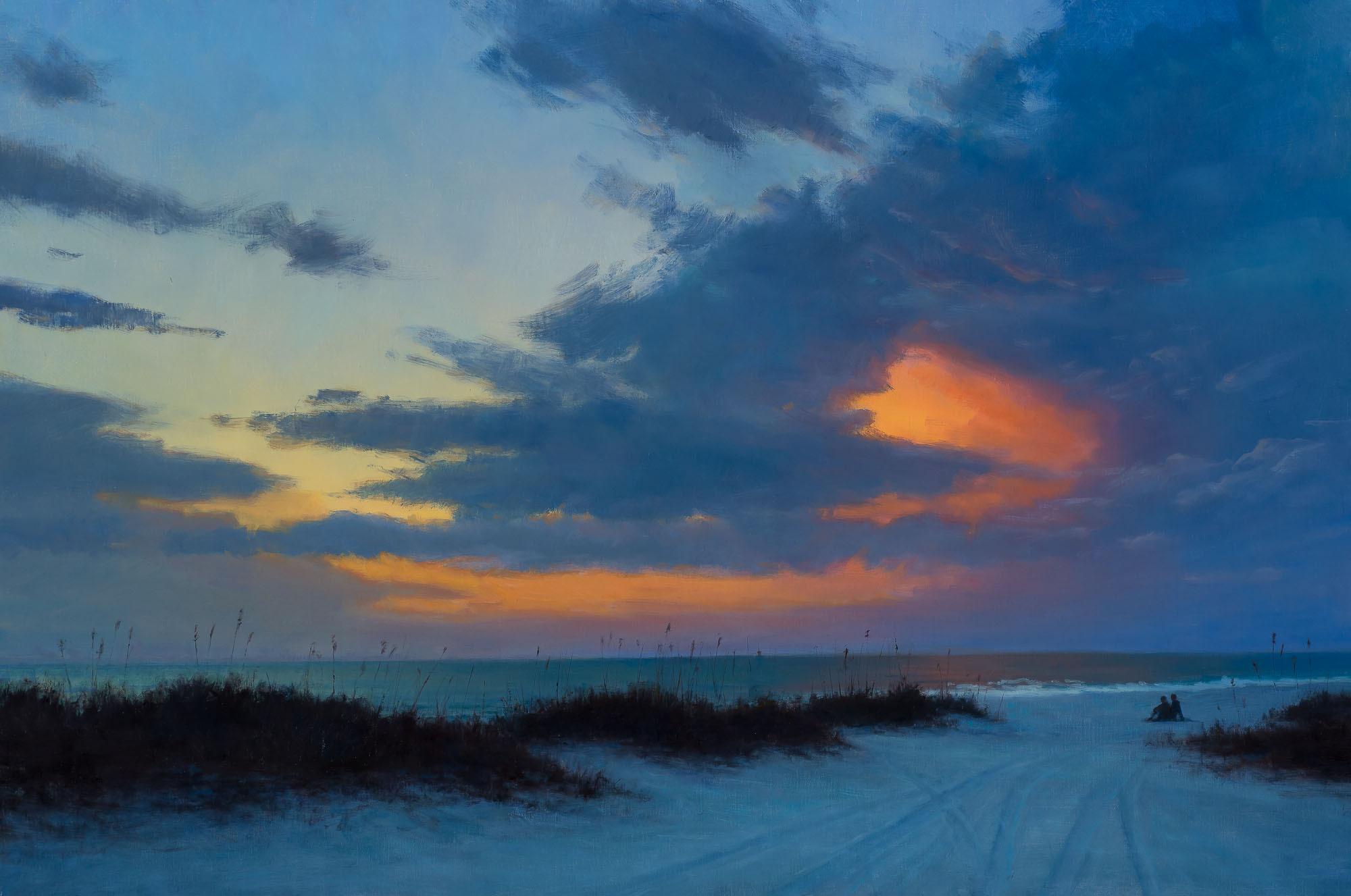 Florida Sky - 2023 Amerikanisch-realistisches Ölgemälde, Sonnenuntergang am Strand, en plein air