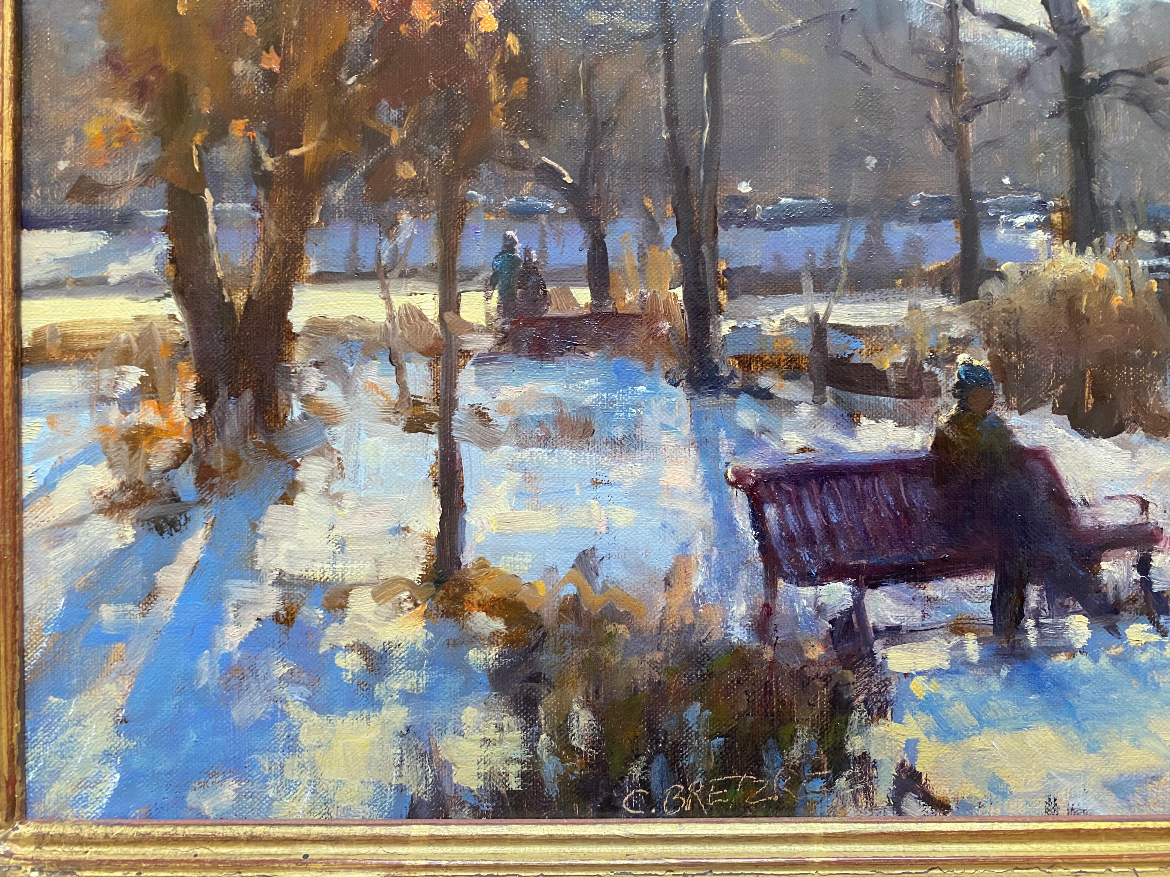 Oil painting of a suburban park in winter.  A figure sits on a bench, surrounded by snow-covered ground. A tall steeple reaches upward in the distant skyline. 

Painting dimensions: 12 x 16 inches
Framed dimensions: 17 x 21 inches

Artist Bio
Carl