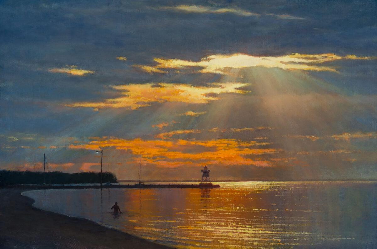 Landscape Painting Carl Bretzke - Great Lakes Grandeur - 2023 Peinture à l'huile réaliste américaine au coucher du soleil dans le Minnesota