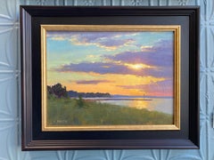 "Great Lakes South Shore" peinture à l'huile réaliste américaine d'un coucher de soleil sur le port