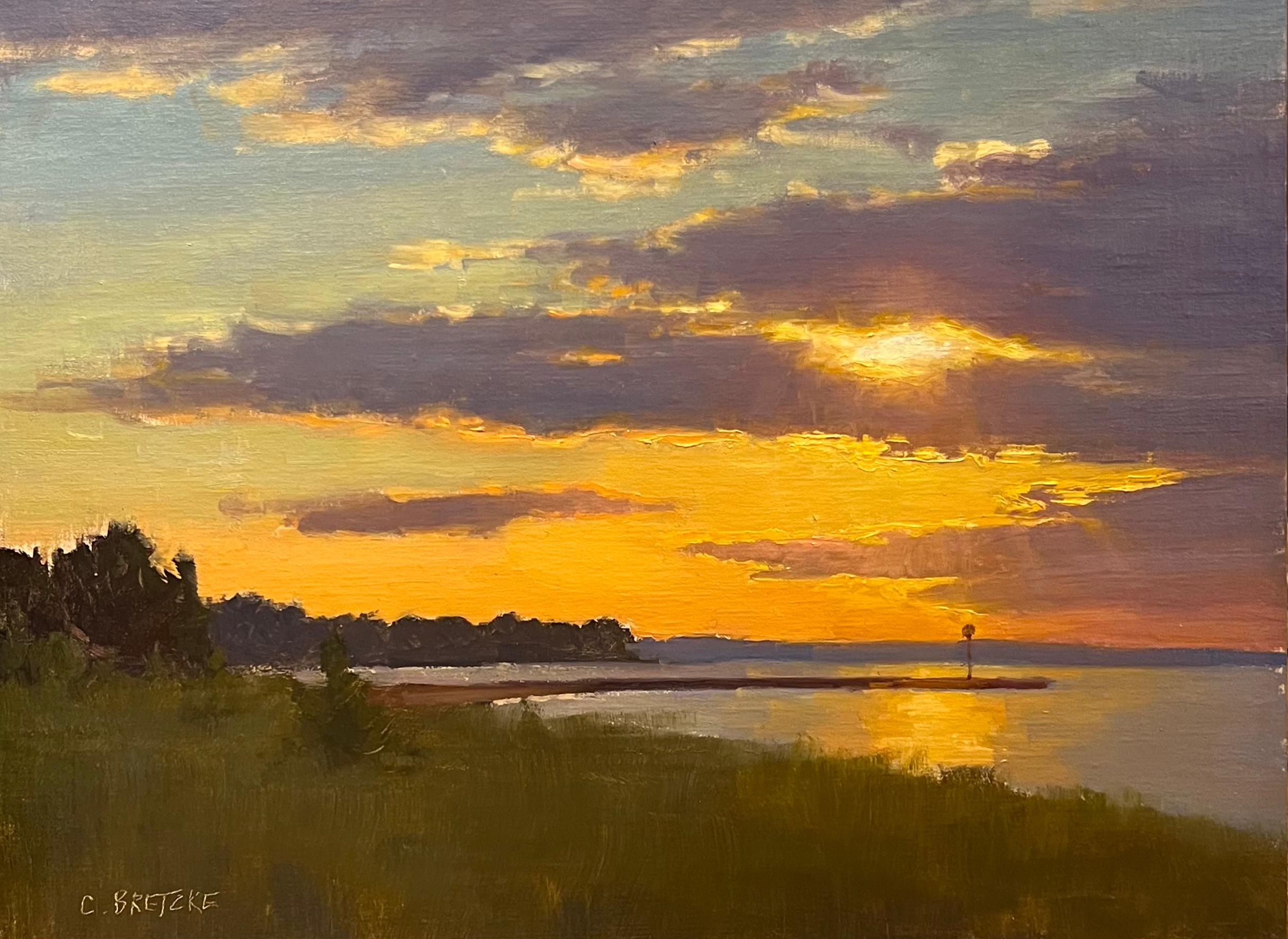 Carl Bretzke Figurative Painting - "Great Lakes South Shore" American Realist oil painting of sunset over harbor
