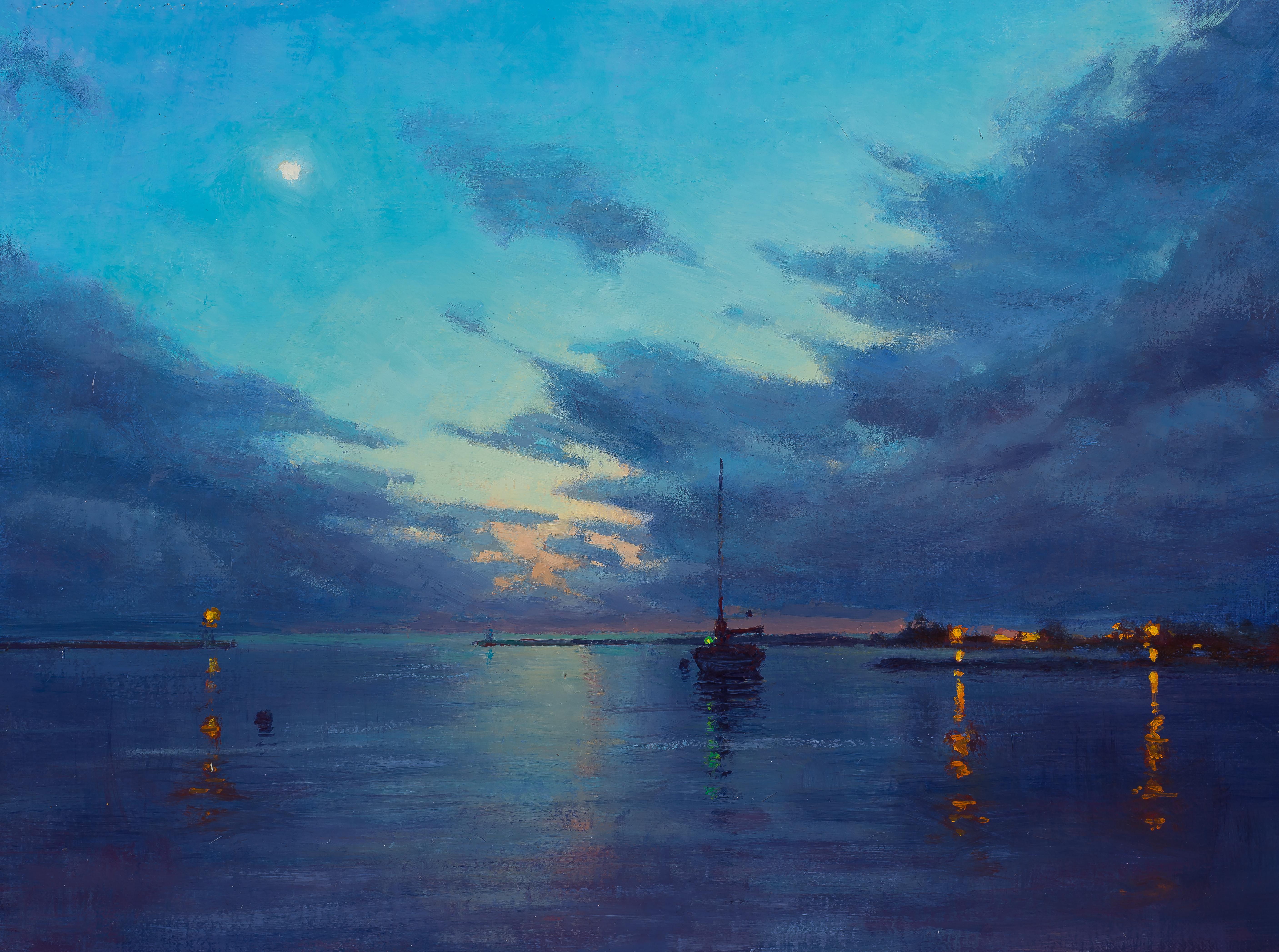 Carl Bretzke Landscape Painting - Harbor Evening Clouds