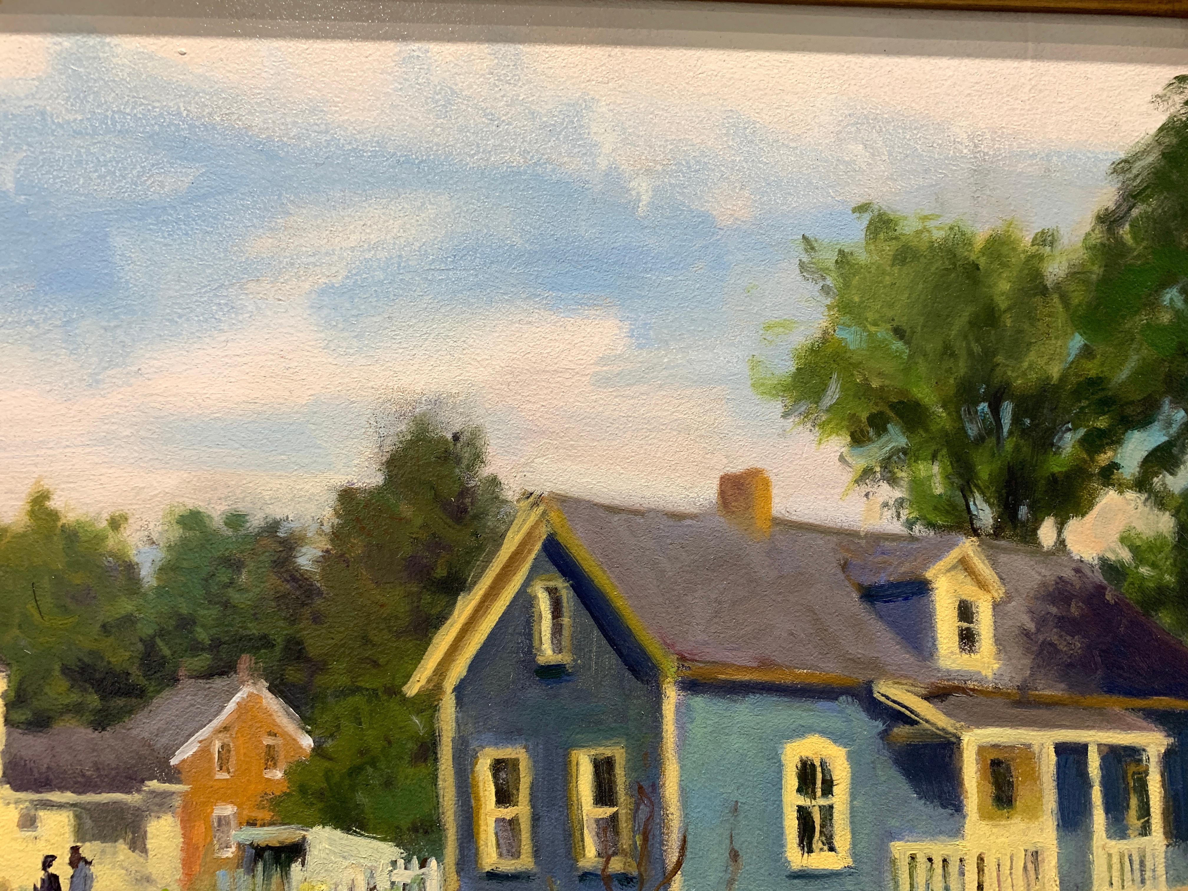 An oil painting of the exteriors of a grouping of historic homes, in various colors, on a sunny day. A white picket fence encases a garden in the foreground. 

Dimensions: 12 x 24 inches
Framed dimensions: 18.75 x 30.75 inches

Carl Bretzke is a