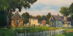„Historic Village Morning“ Ölgemälde, farbenfrohe Kolonialhäuser, Architektur