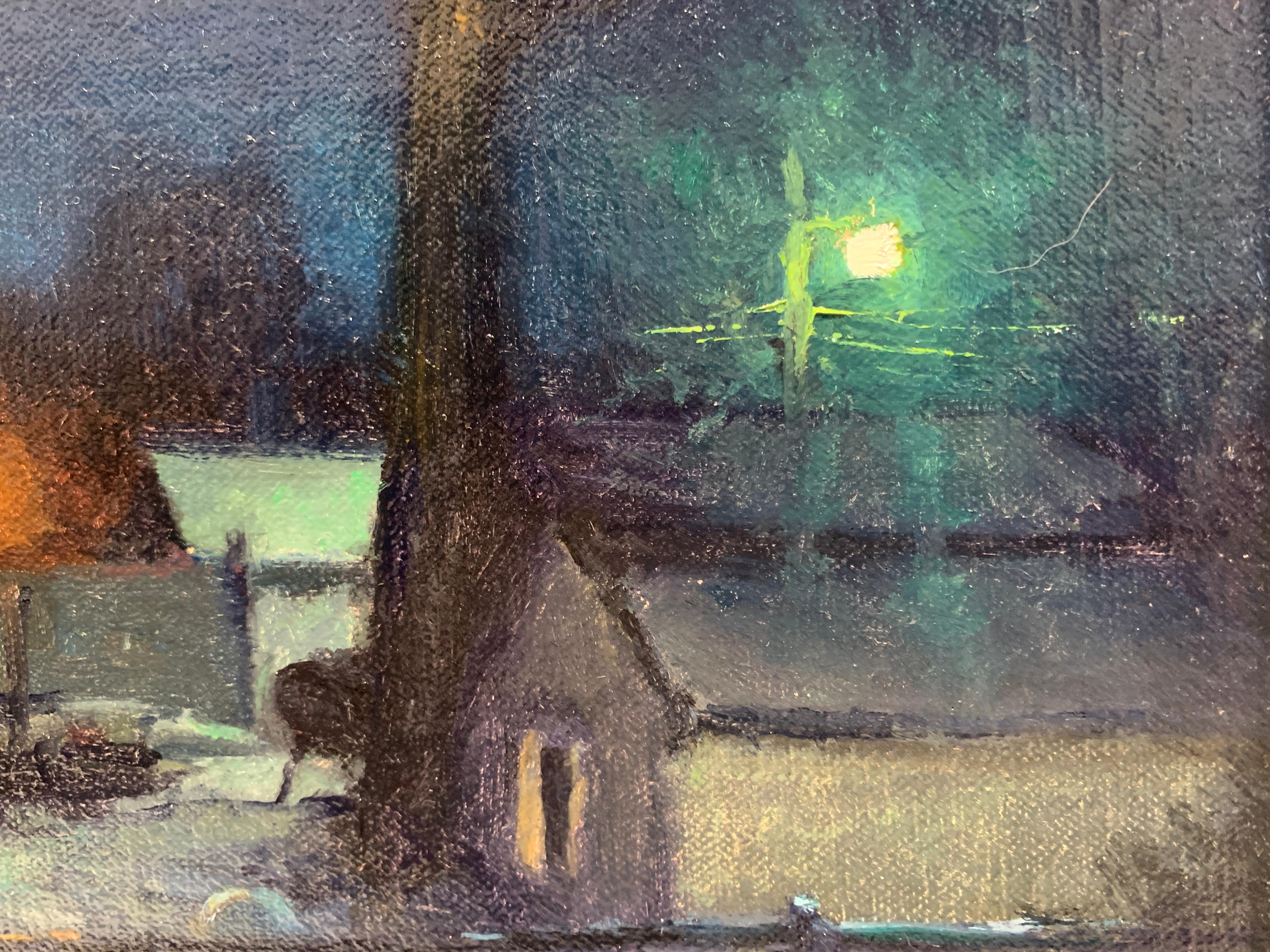An oil painting of a back yard at nighttime. Interior lights glow from the windows, a distant lamppost shines white light, and a further one shines a warm orange light. A chain link fence rests along the foreground. 

Painting dimensions: 8 x 12