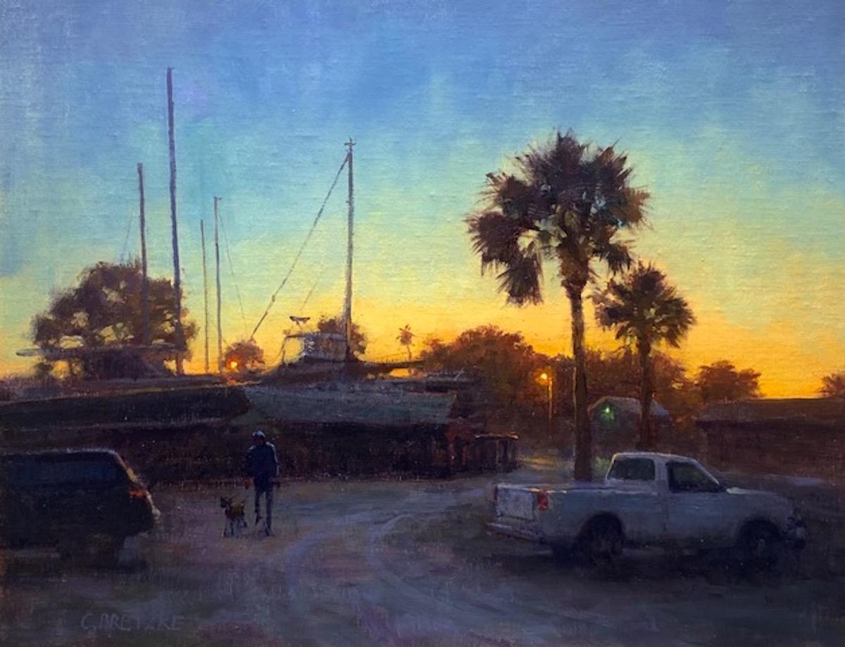 "Atardecer en el astillero" 2022 pintura al óleo, puesta de sol, camioneta, barco, palmera