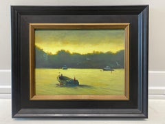 "Leaving Sag Harbor by Boat" oil painting, seascape of powerboat sepia tone