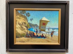 "Looking For Shade" oil painting of beach-goers huddling behind lifeguard stand