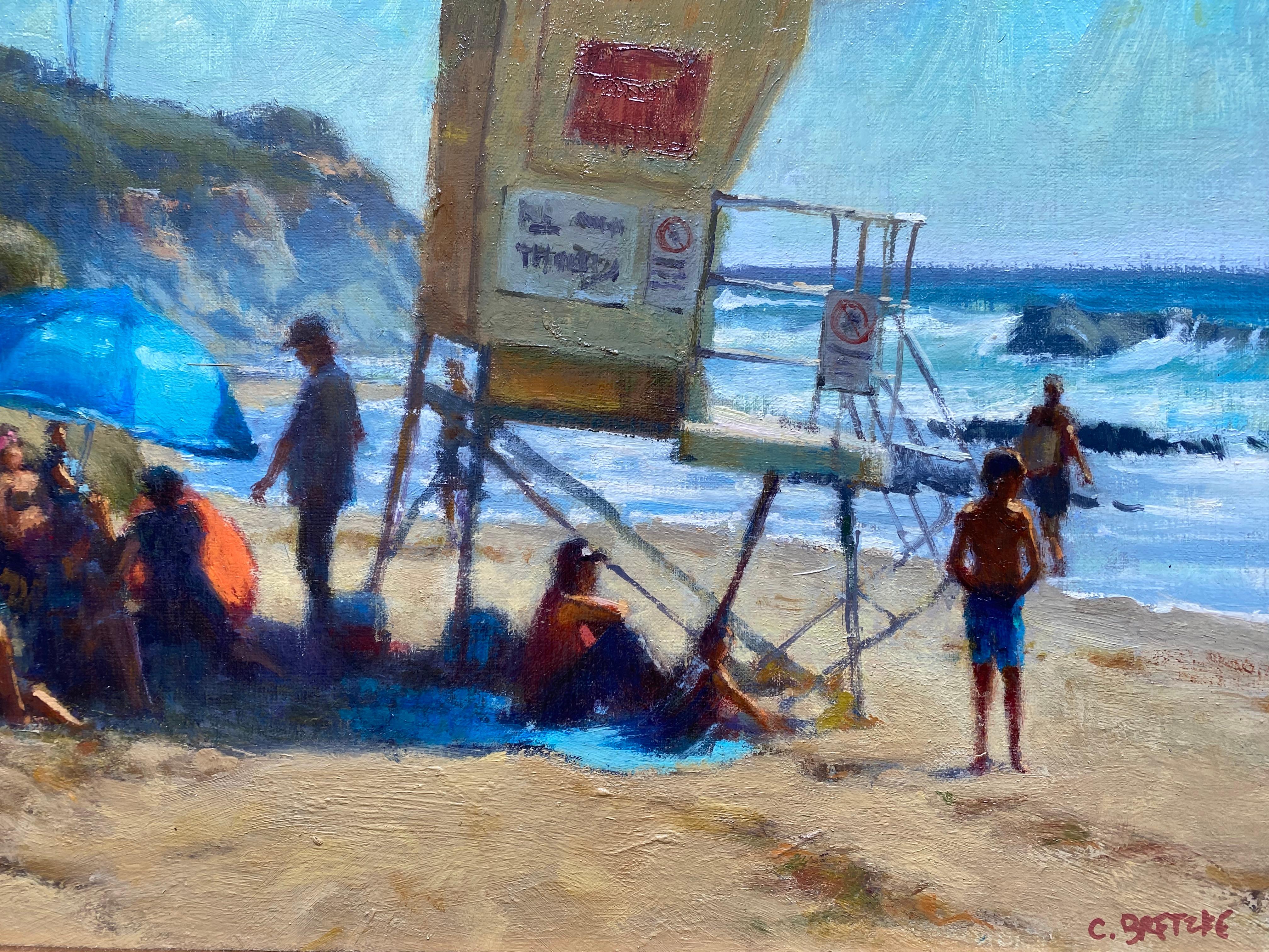 Pintura al óleo de playeros buscando literalmente la sombra del sol en una playa de Laguna, California. Pintado por el galardonado pintor plein air Carl Bretzke. 

Enmarcado en un marco tradicional negro con labio dorado. 


Biografía del