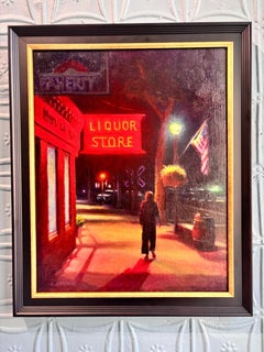"Main Street After Dark" dipinto realista di Sag Harbor di notte, insegna al neon