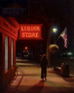 “Main Street After Dark” realist painting of Sag Harbor at night, neon sign