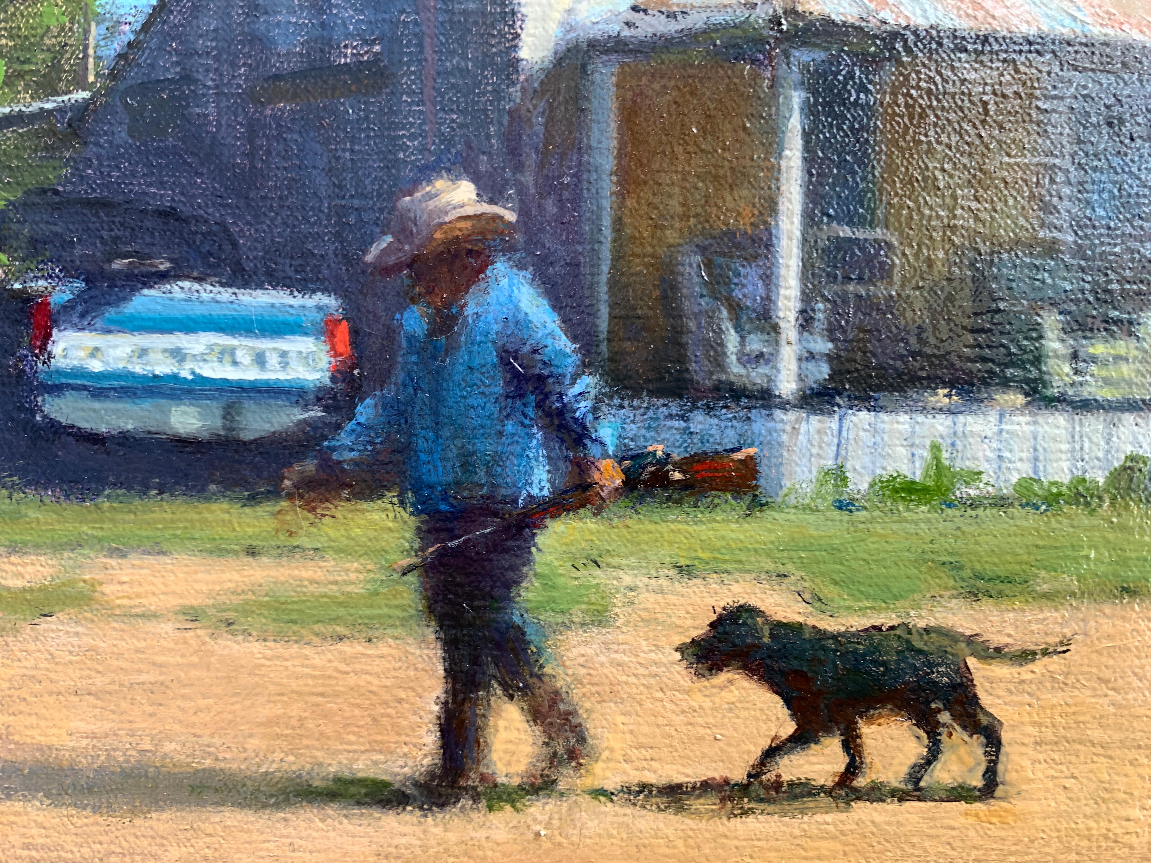 An oil painting of a rural property on a sunny day in the United States. A man wears a cowboy hat, a denim shirt, and boots, while holding a shotgun. He's walking with determination to the left of the scene, with a medium sized black dog following