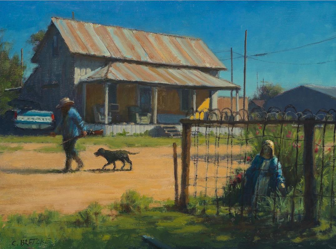 Carl Bretzke Landscape Painting - "Mary in the Garden" Oil painting Garden w Holy Statue Icon, American Cowboy