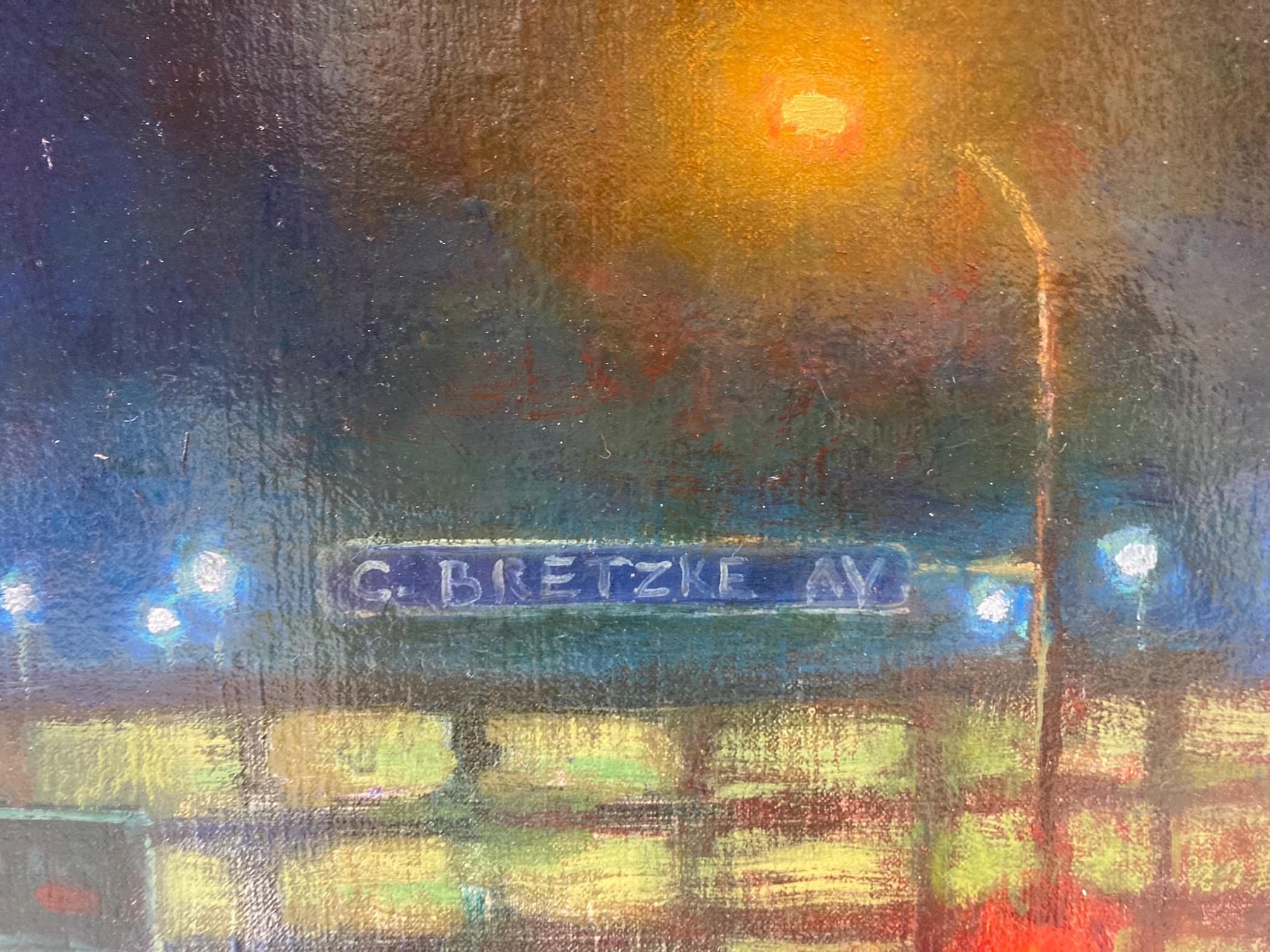 Peinture à l'huile d'une rue animée de Floride la nuit. Carl Bretzke rebaptise effrontément la rue 