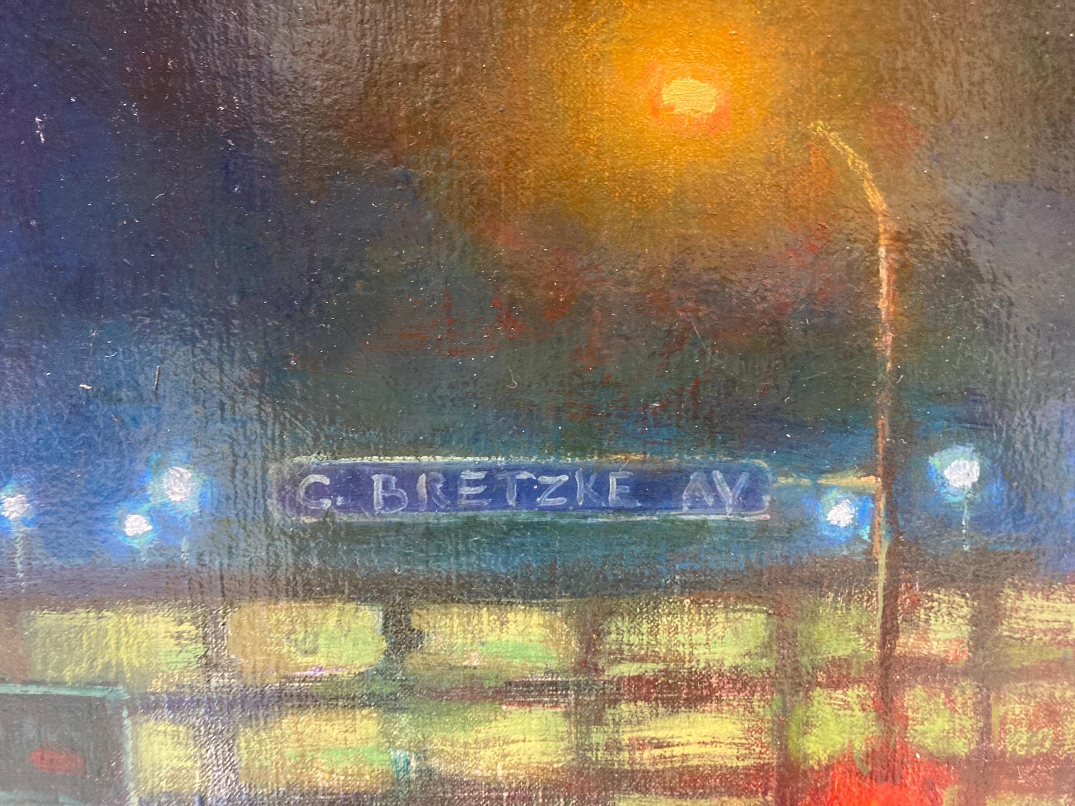 Dipinto a olio di una vivace strada della Florida di notte. Carl Bretzke rinomina sfacciatamente la strada 
