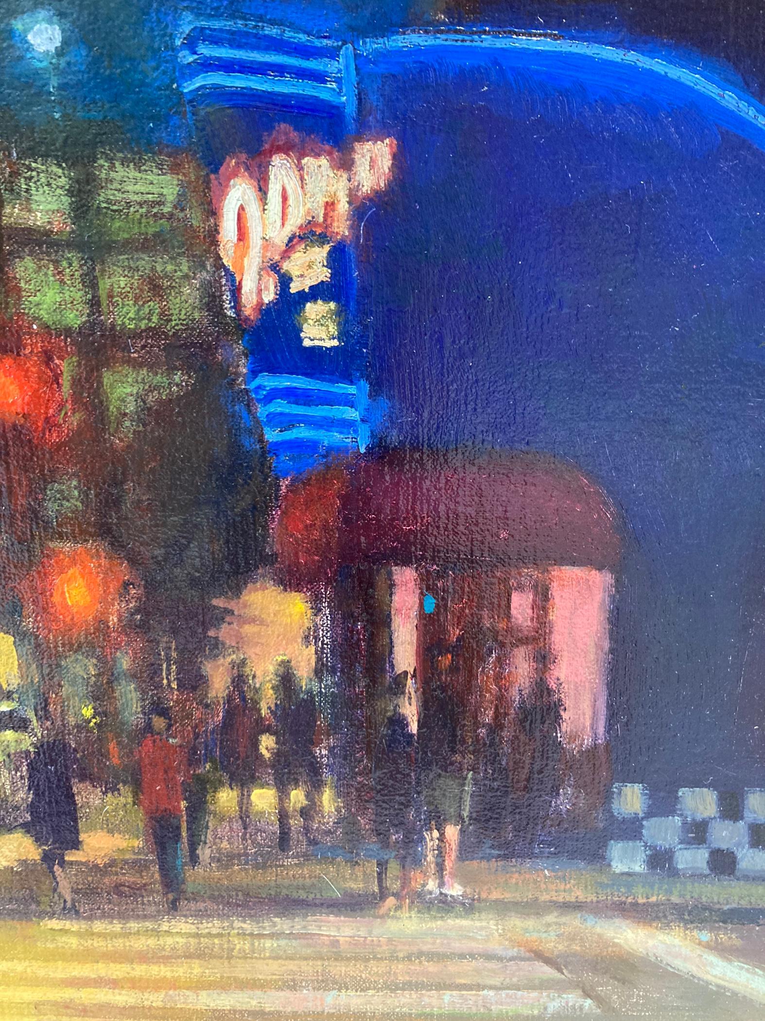 Oil painting of a bustling Florida street at night. Carl Bretzke cheekily renames the street 