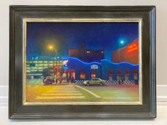 "Metro Supperclub" oil painting of neon lights downtown street scene nocturne