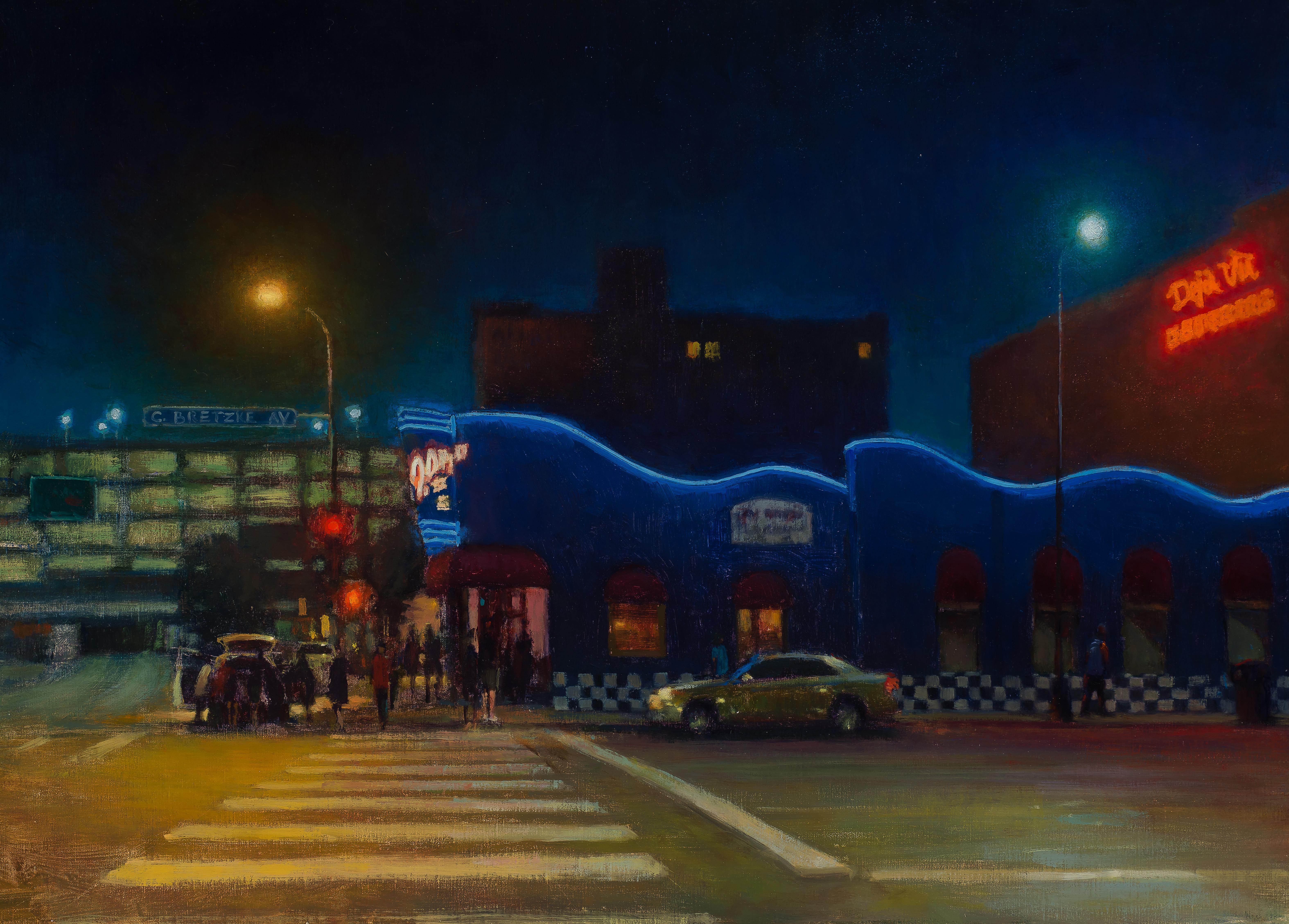 "Metro Supperclub" pintura al óleo de luces de neón escena callejera nocturna del centro de la ciudad