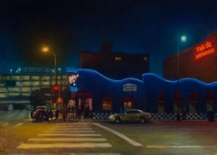 "Metro Supperclub" dipinto a olio con luci al neon, scena di strada del centro città, notturno