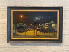 "Moon Over Back Lot" dipinto a olio del cantiere navale di notte, con la luna piena tra le nuvole