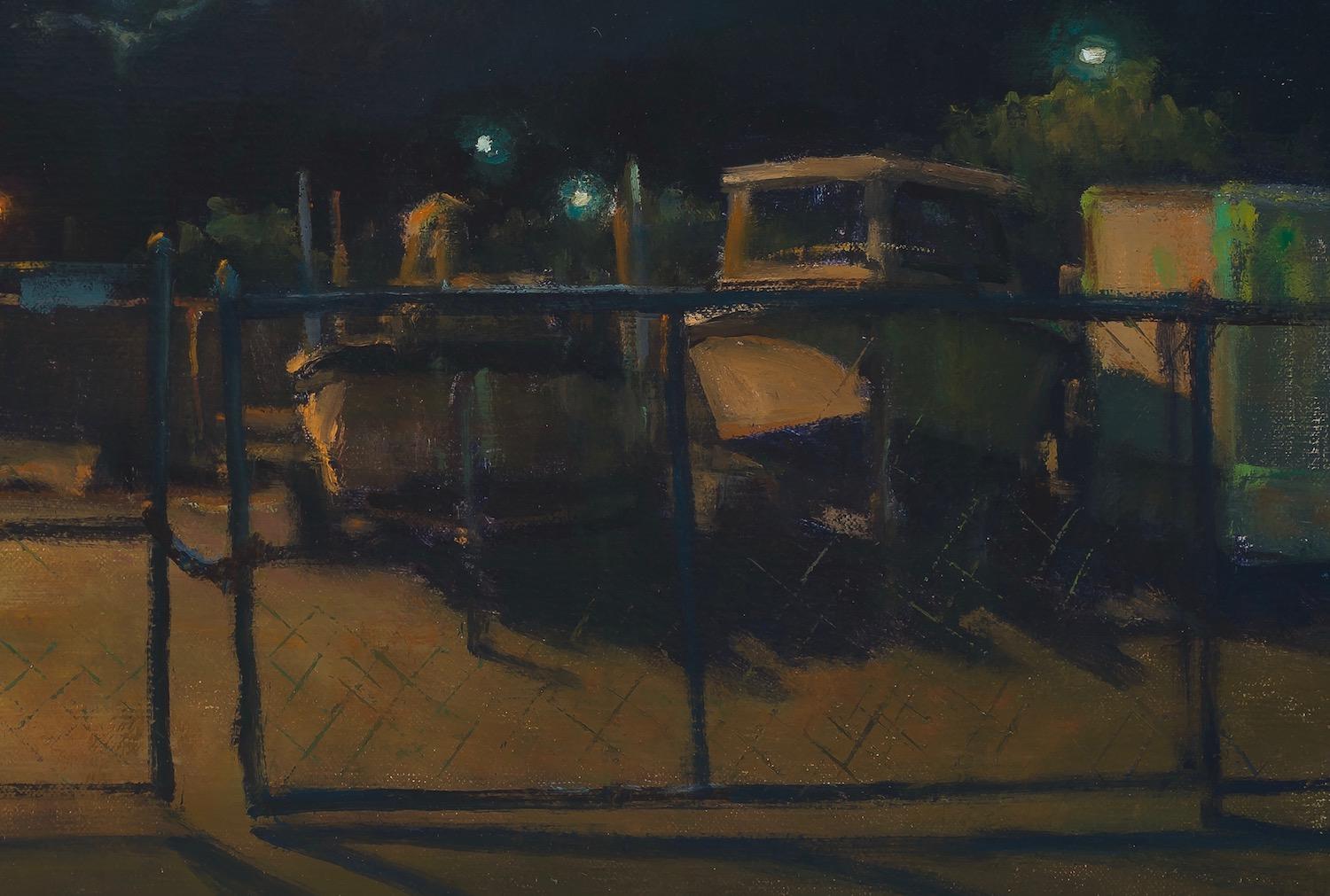 Moon Over Back Lot - American Realist Painting by Carl Bretzke