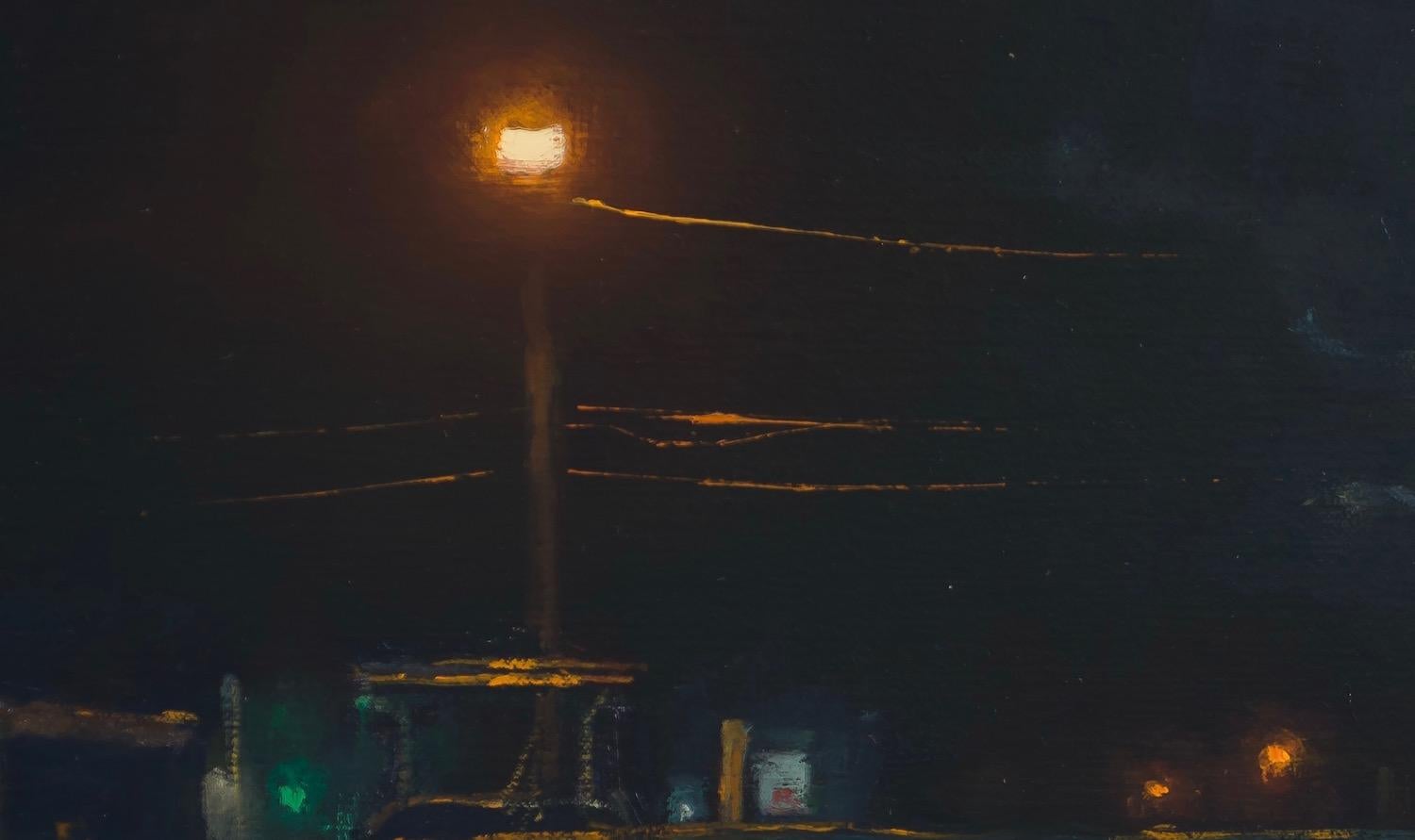 An oil painting of a boat yard at nighttime. Boats at rest behind a locked chain-link fence. Street lights glow with hot orange auras. The full moon peeks out glowing a cool bright white light, reflecting indigo clouds. Shadows cast create an