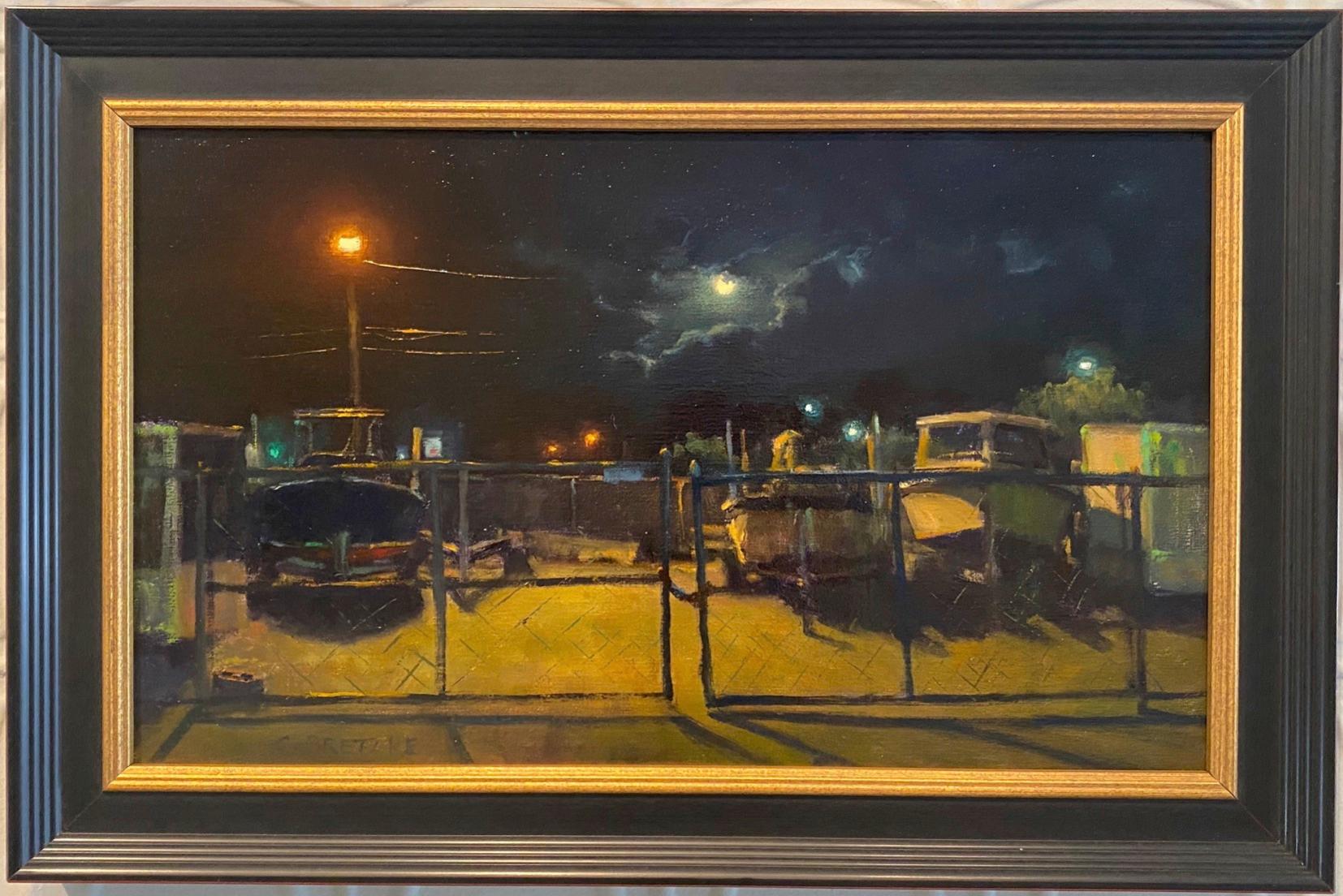 "Moon Over Back Lot" dipinto a olio del cantiere navale di notte, con la luna piena tra le nuvole