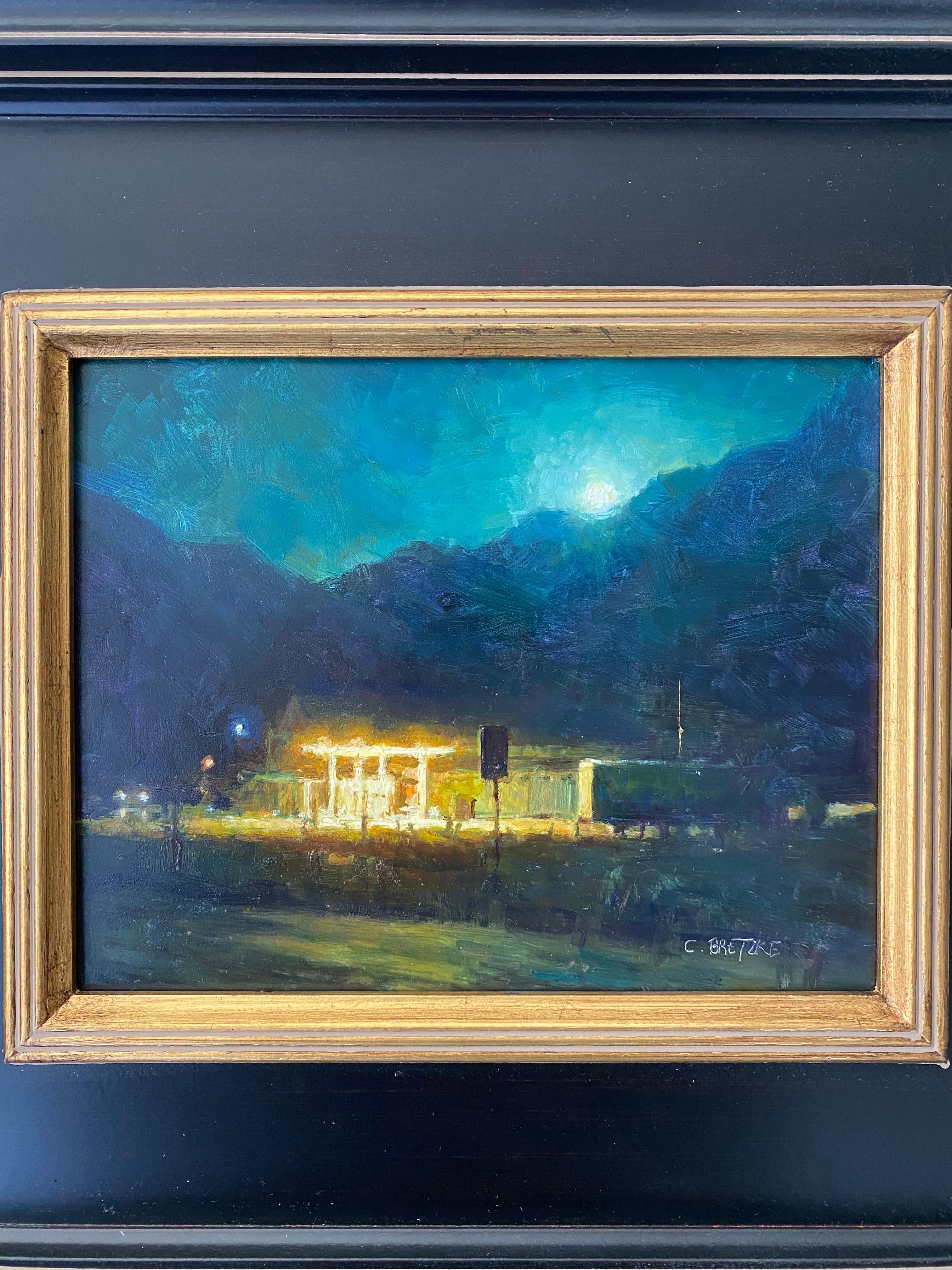 Moon Over Telluride Station - American Realist Painting by Carl Bretzke