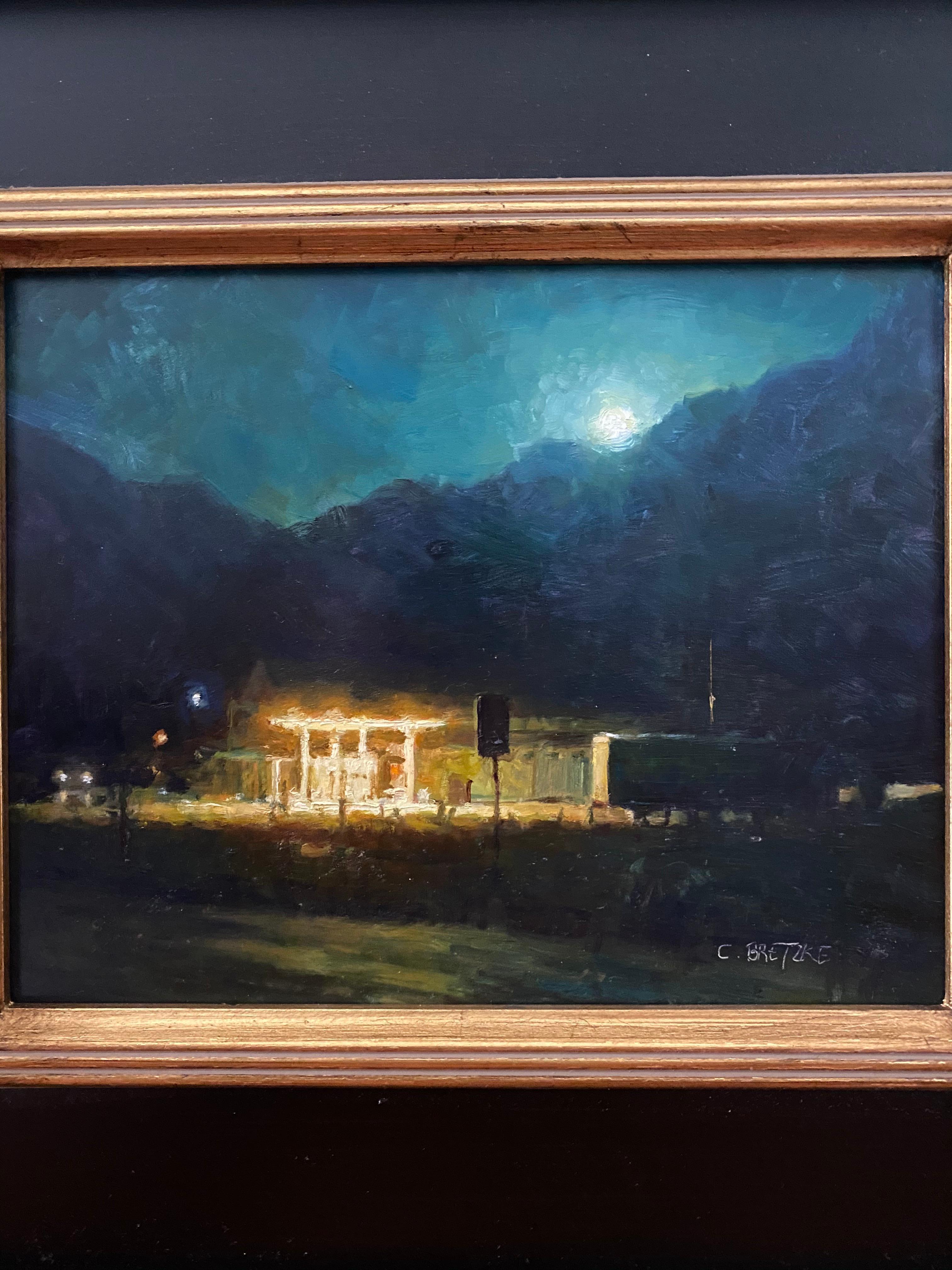 Moon Over Telluride Station - Black Abstract Painting by Carl Bretzke