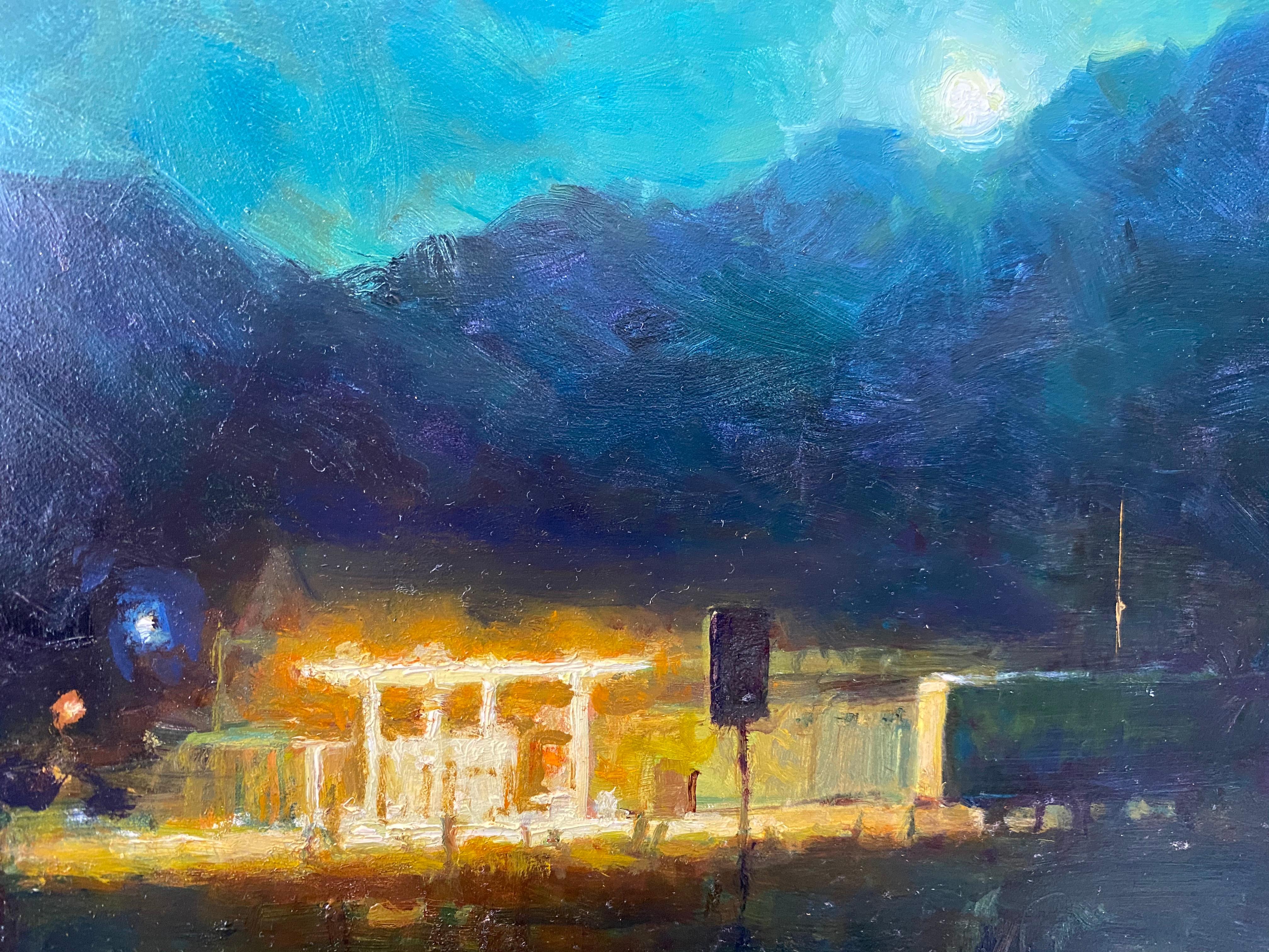 An oil painting of a landscape at night. A full moon rests along a curvy horizon, a backlit mountain range. The illuminated sky shines with a rich green and indigo aura. On the ground, is a gas station, glowing with light. 

Framed dimensions: 16 x