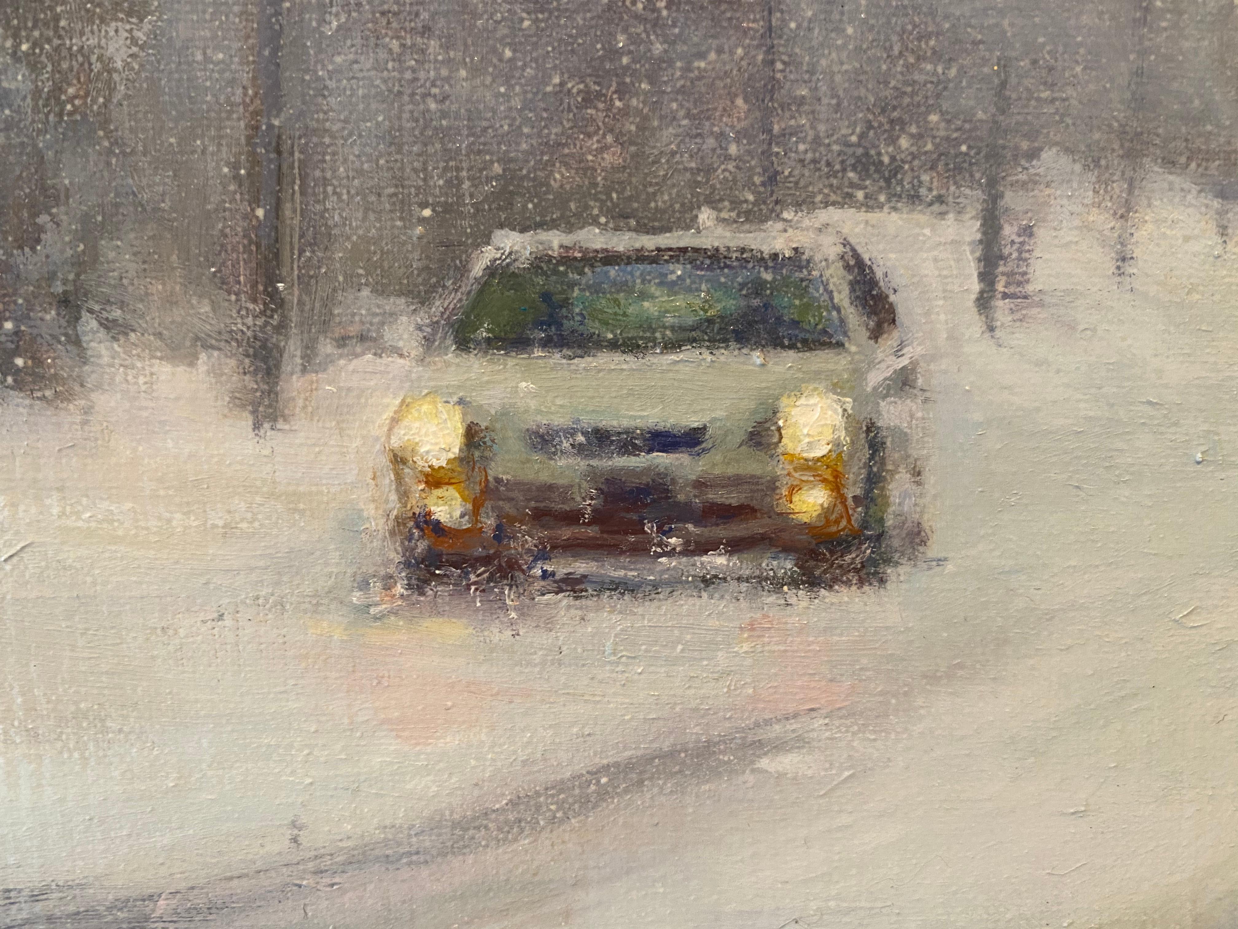 Painted in his studio after sketching en plein-air, a method that was famously done by Corot, Bretzke depicts an american, urban, winter landscape. Painted in his hometown of Minneapolis, we look down a snow covered street. A small white car sits in