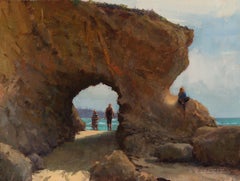 "Perched"  oil painting of California coastline, large rock on beach, figures