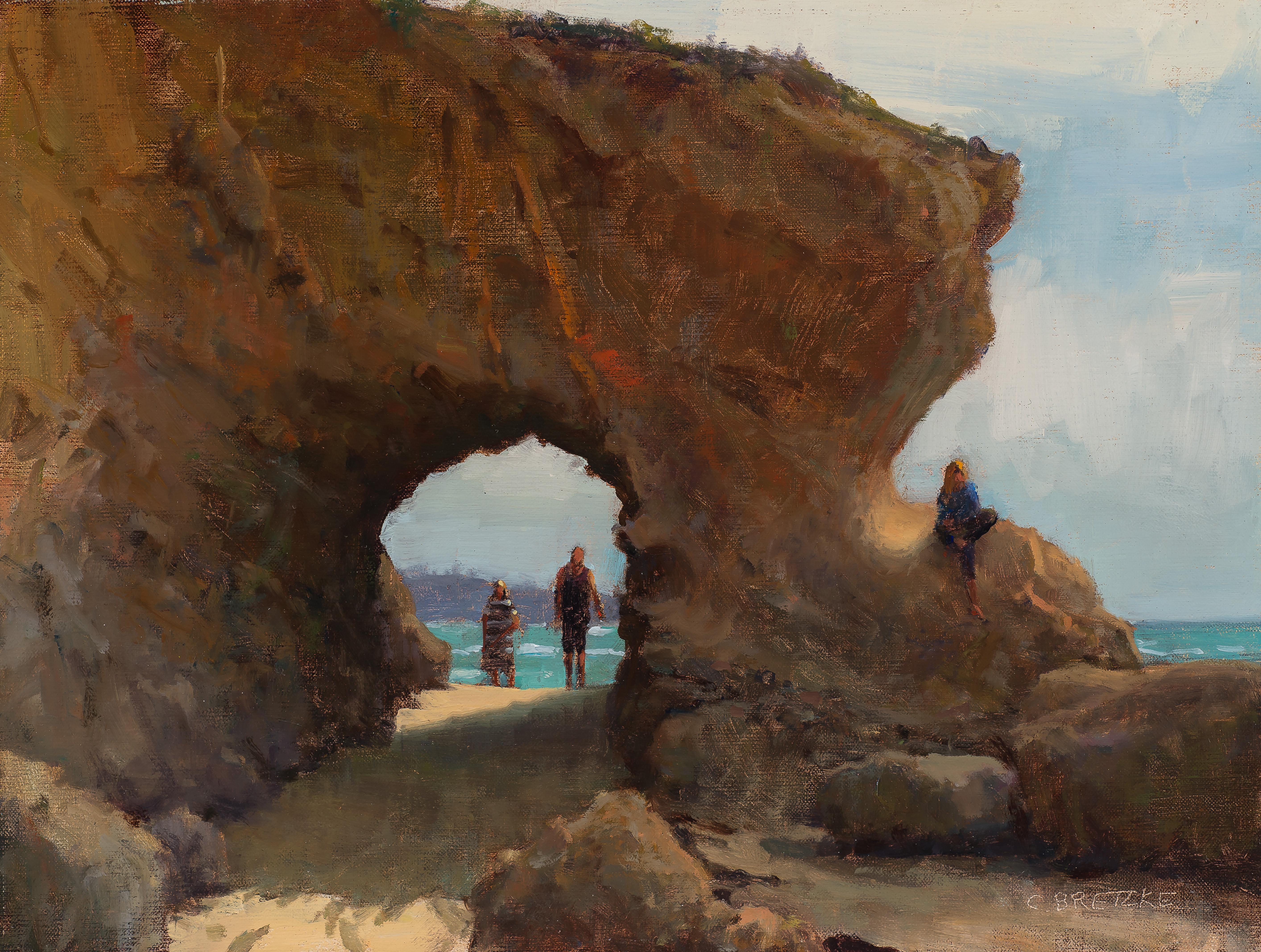 Figurative Painting di Carl Bretzke - "Appollaiato"  dipinto a olio della costa della California, grande roccia sulla spiaggia, figure