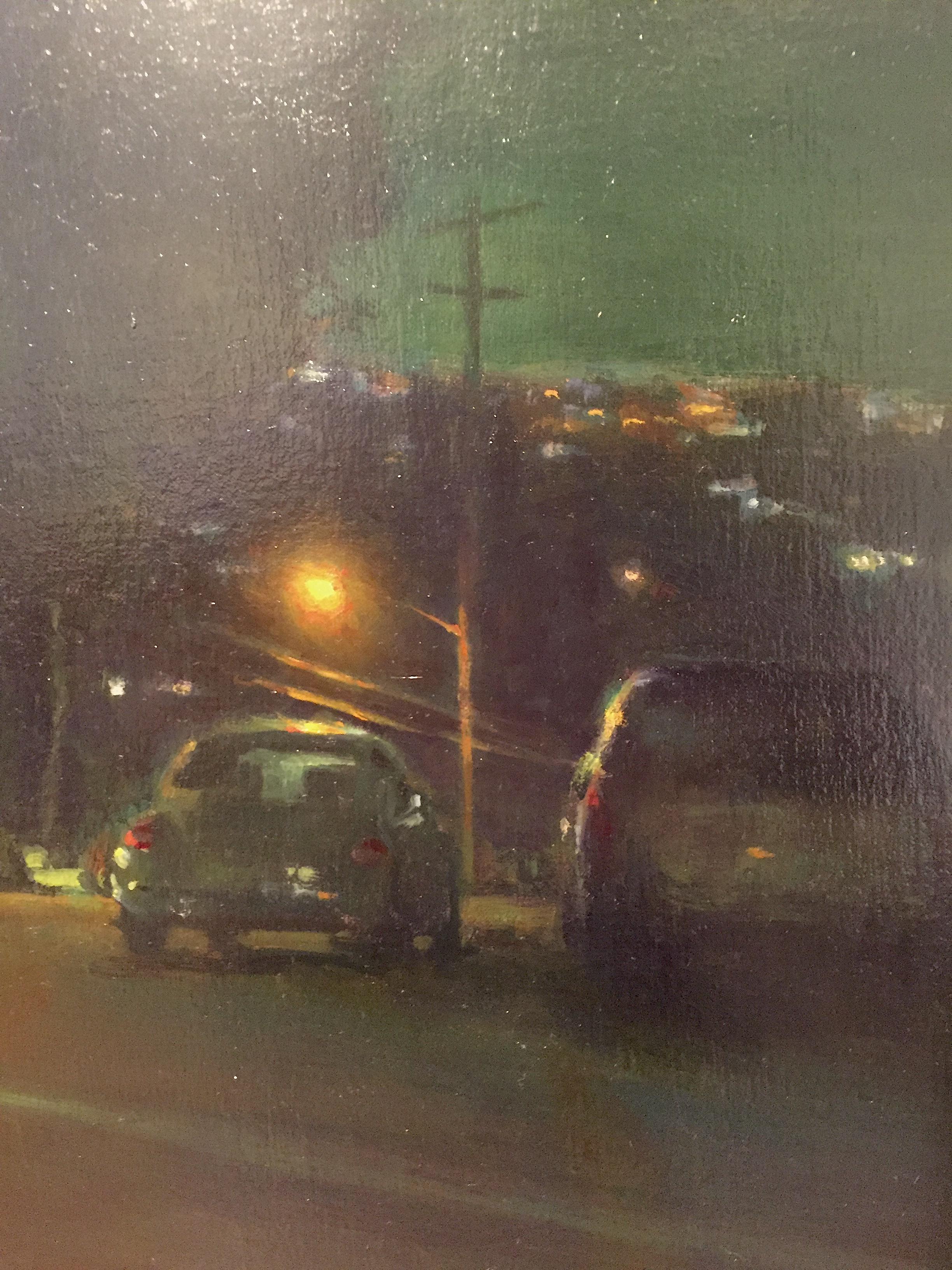 Oil painting of a quiet street at night. Cars are parked along the side of the road, and a large tree is obscurely centered. 


Carl Bretzke is a representational painter who specializes in urban scenes and plein-air landscapes. Carl's work has been