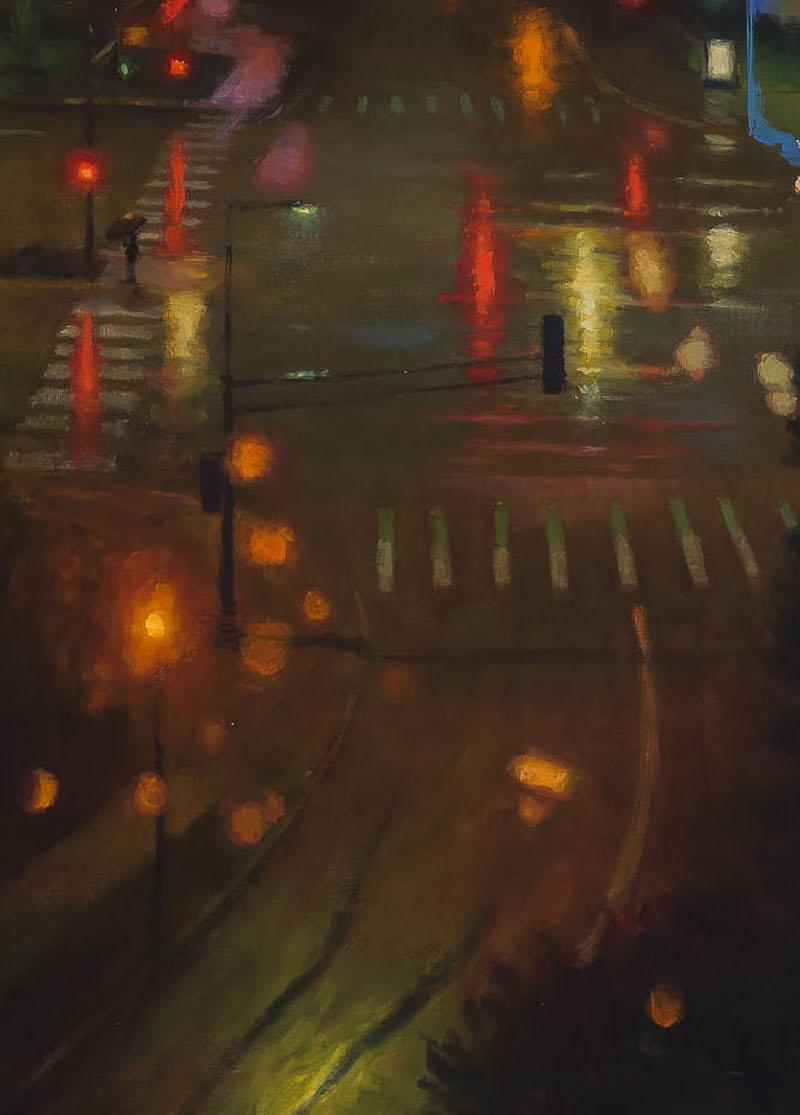 An oil painting of the view from the artist, Carl Bretzke's, window. Raindrops speckle the glass all-over, a TV screen reflects its blue-light, and the cityscape below glows with various streetlights, wet ground, moving cars, distant apartments, and