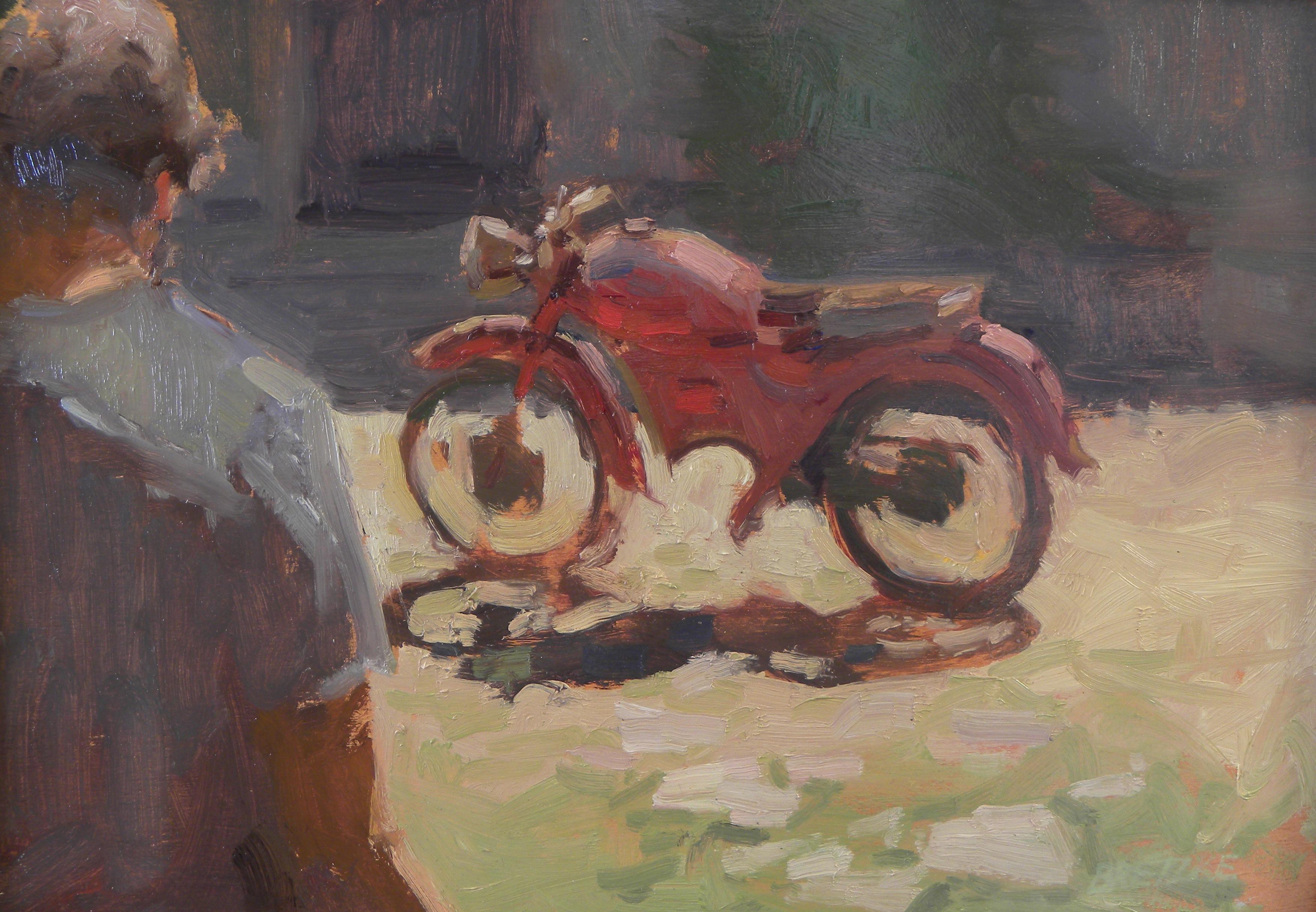 Carl Bretzke Figurative Painting - "Red Motorcycle and Ben Fenske" artist walks away from painting, impressionist