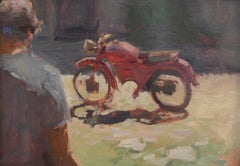 "Red Motorcycle and Ben Fenske" artist walks away from painting, impressionist