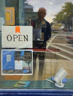 "Reflecting on Grenning Gallery" Post Modern oil painting, reflection on glass