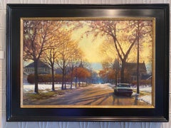 "Remnants of Winter" oil painting, American realist tree-lined street, suburbia