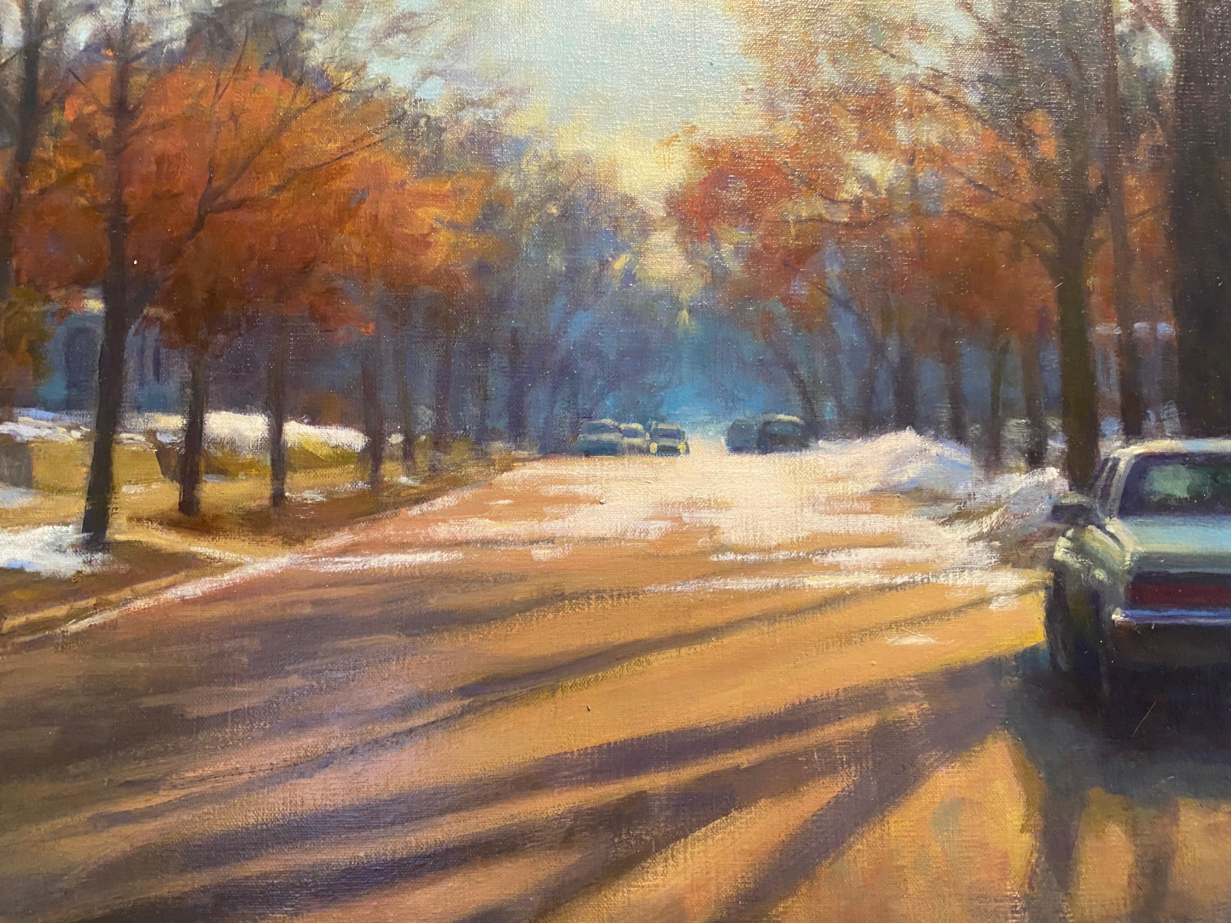 Oil painting of a neighborhood in the winter. A quiet, tree-lined street is sprinkled with snow. A yellow sky blends into blue and above. 

Frame dimensions: 32 x 44 inches


Artist Bio
Carl Bretzke is a representational painter who specializes in