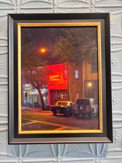 ”Sag Harbor Pharmacy” plein-air oil painting, cars parked under neon, at night