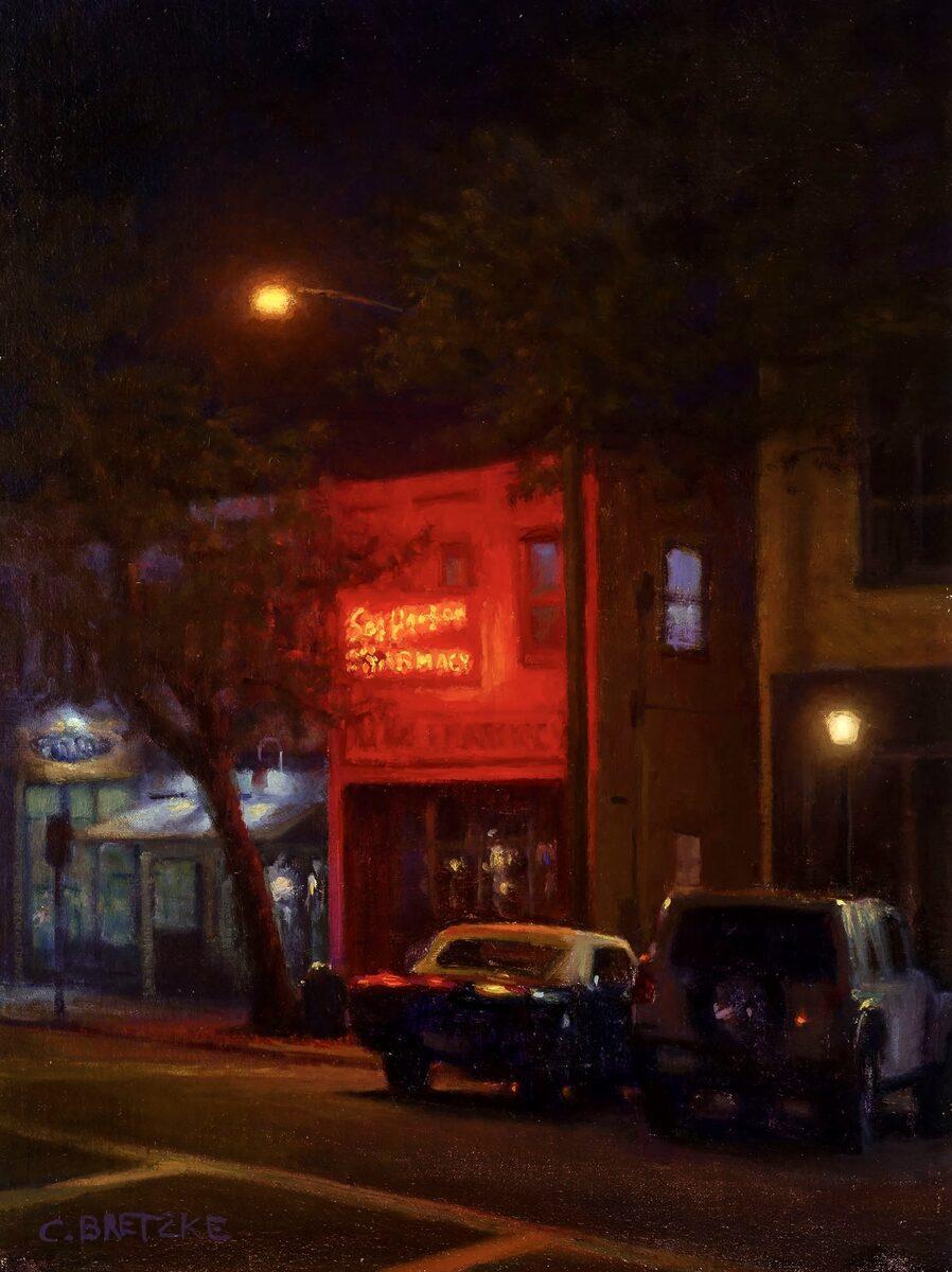 "Sag Harbor Pharmacy" Pleinair-Ölgemälde, Autos unter Neonlicht geparkt, bei Nacht