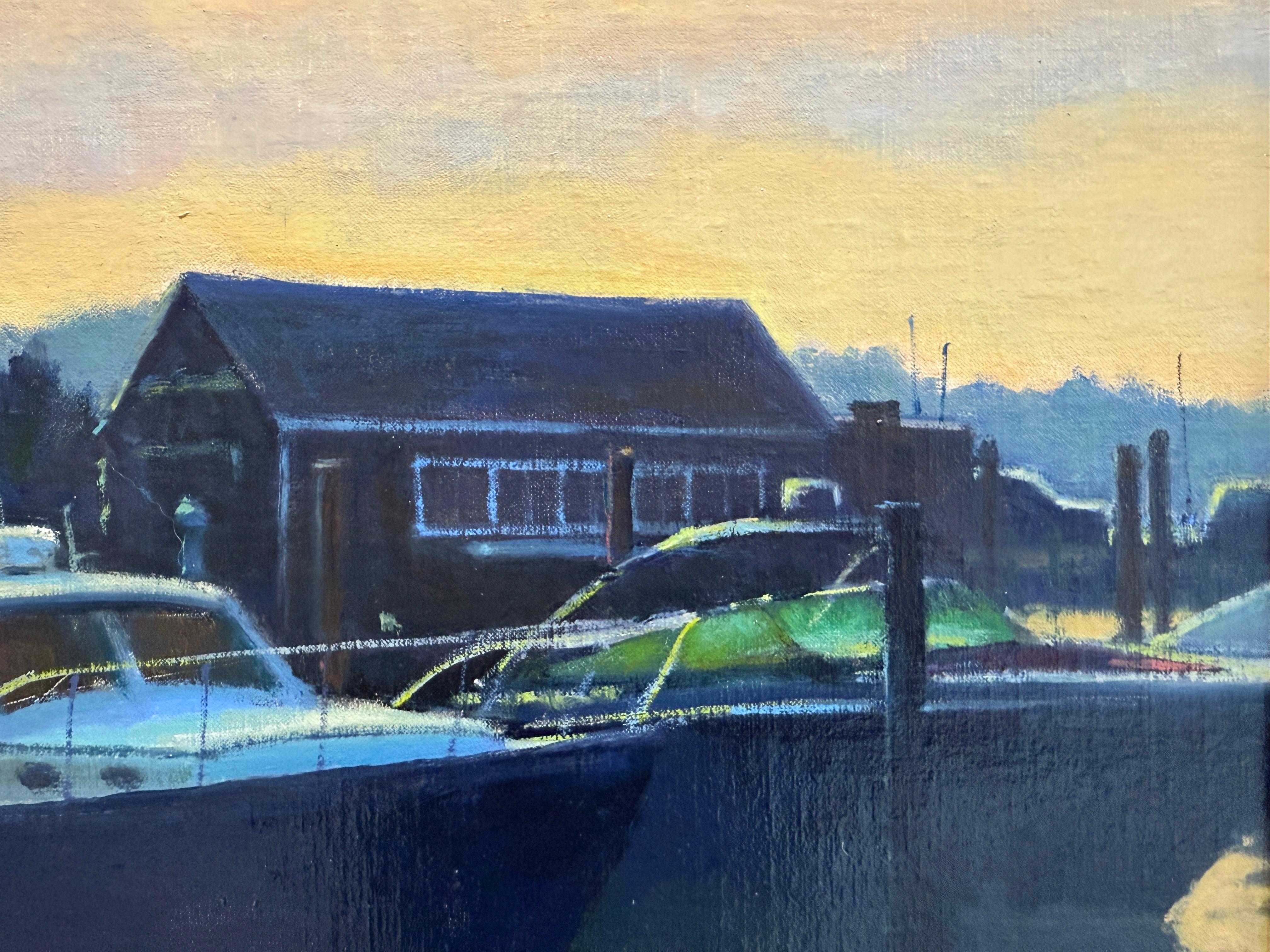 „Sag Harbor Pier“ Amerikanische realistische Landschaft mit Booten und einem Sonnenuntergang in einer Kleinstadt im Angebot 5