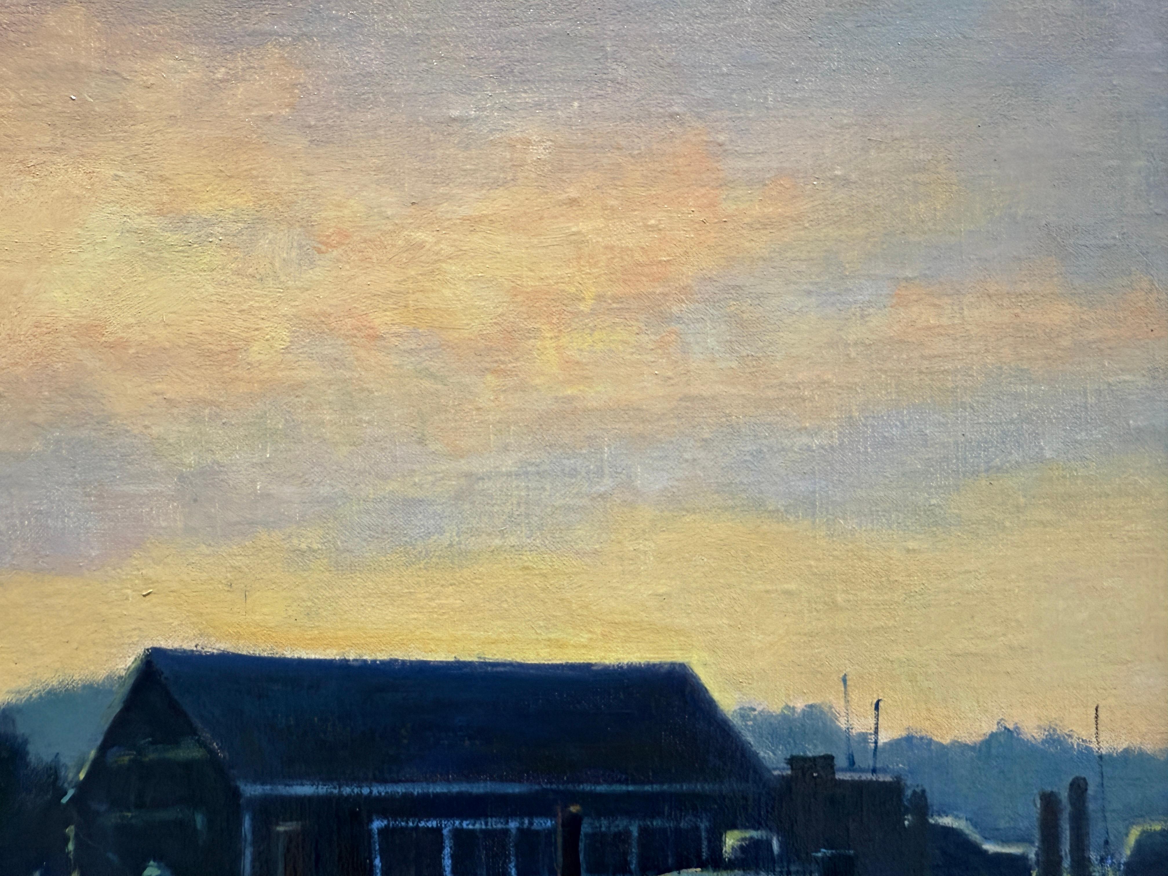 „Sag Harbor Pier“ Amerikanische realistische Landschaft mit Booten und einem Sonnenuntergang in einer Kleinstadt im Angebot 6