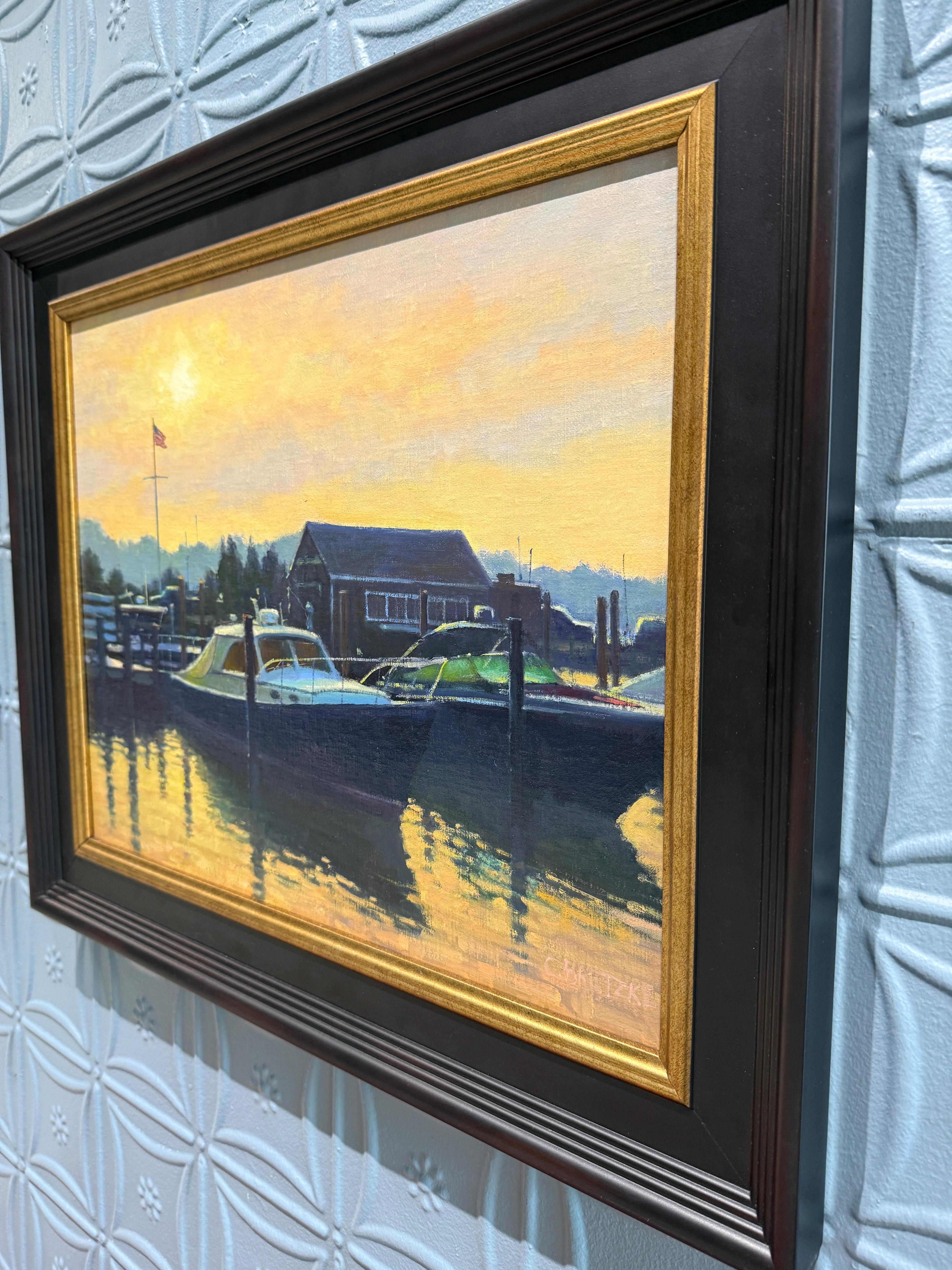 „Sag Harbor Pier“ Amerikanische realistische Landschaft mit Booten und einem Sonnenuntergang in einer Kleinstadt im Angebot 7